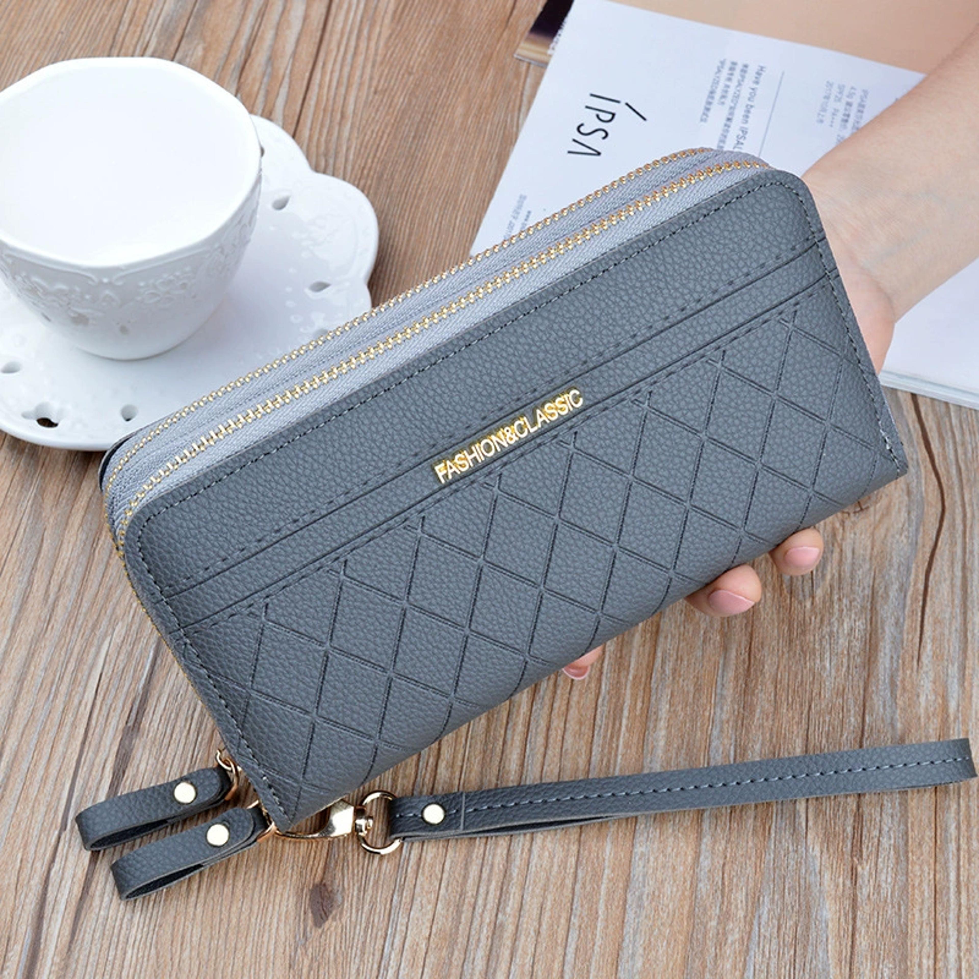 Womens PU Leather Double Zipper Wallet Clutch Large Capacity Wristlet Phone Purse  Card Holder With 4