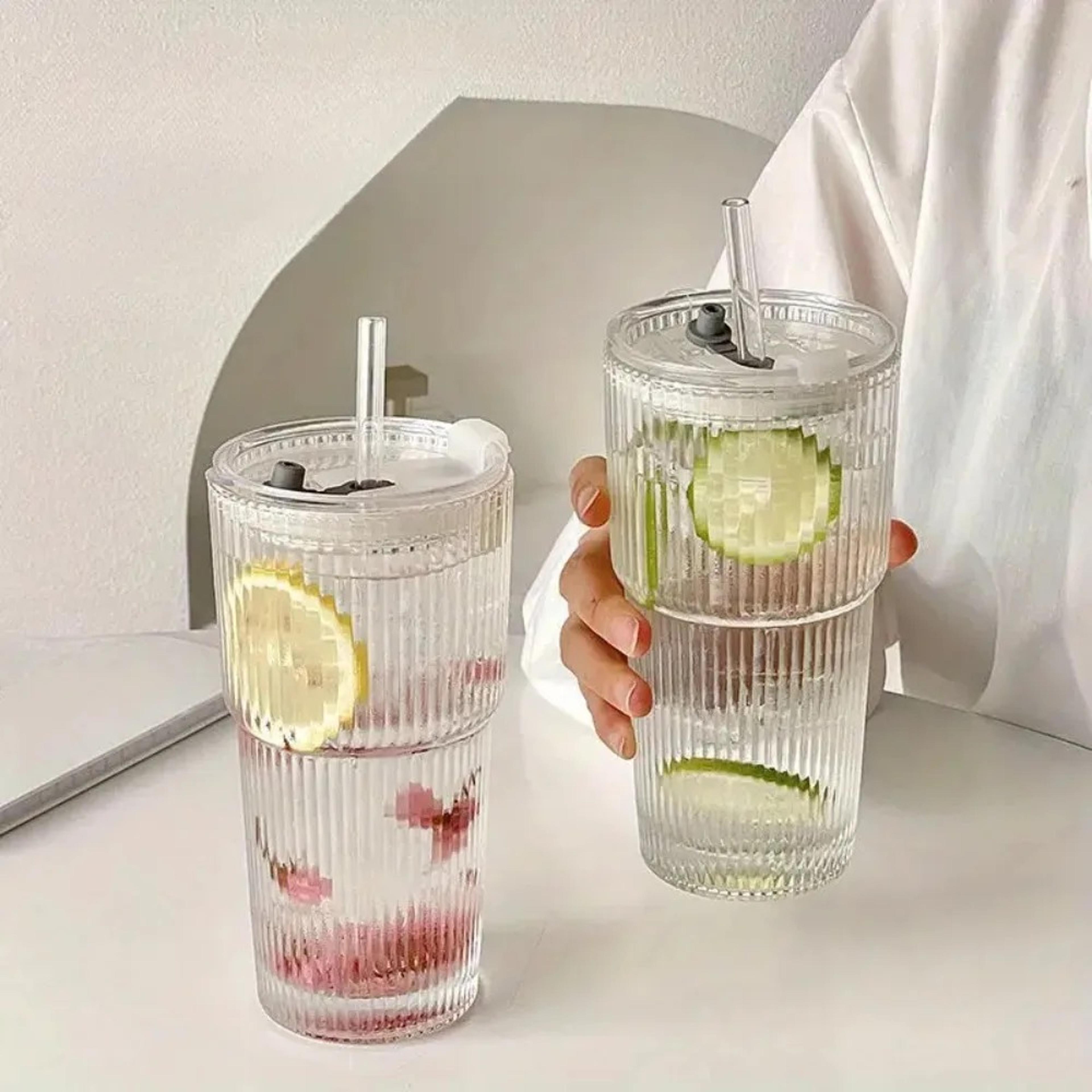 stripe glass cup with lid and straw transparent drinking glass for juice water and iced coffee