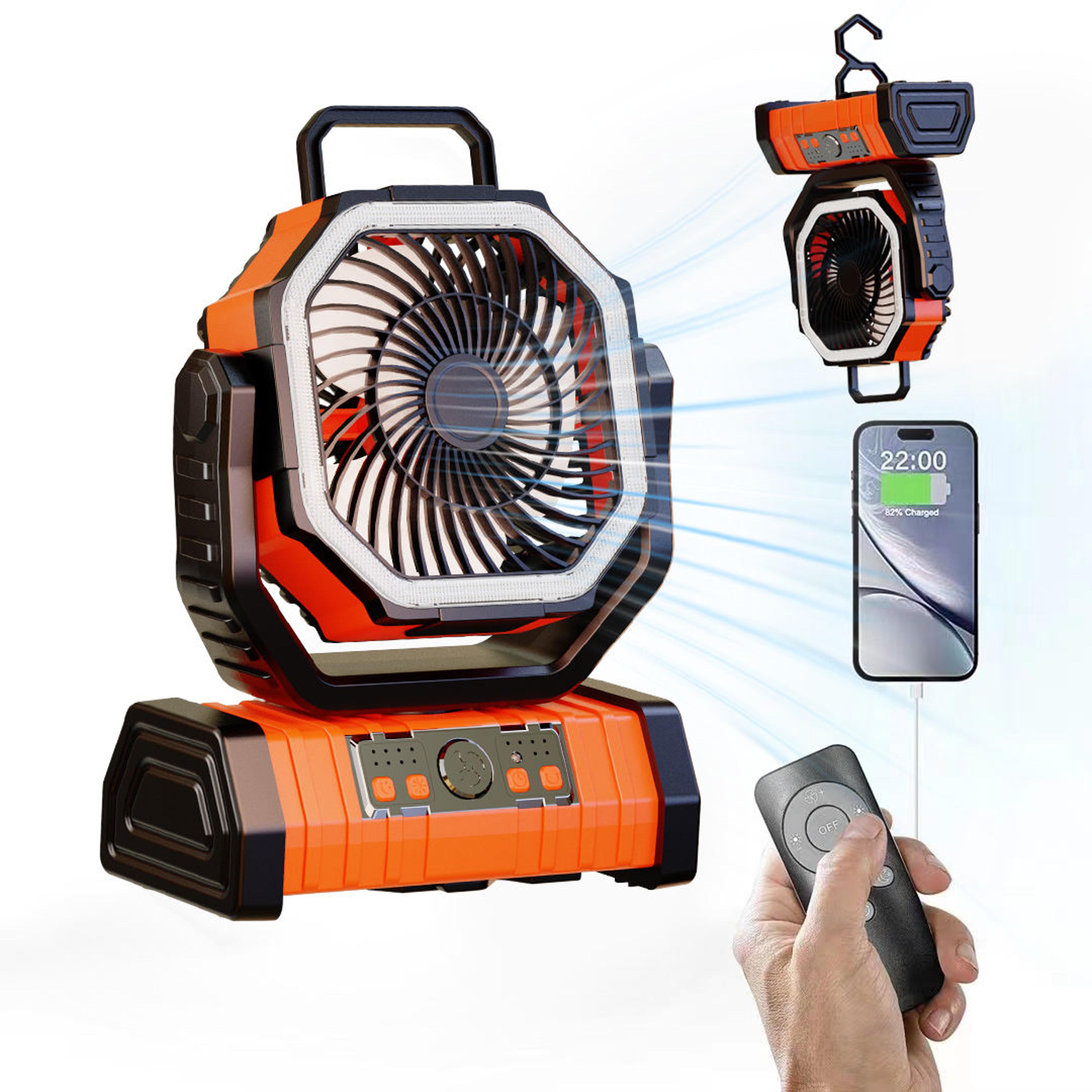 portable rechargeable camping fan with led light & hook ideal for desk tent and car trips