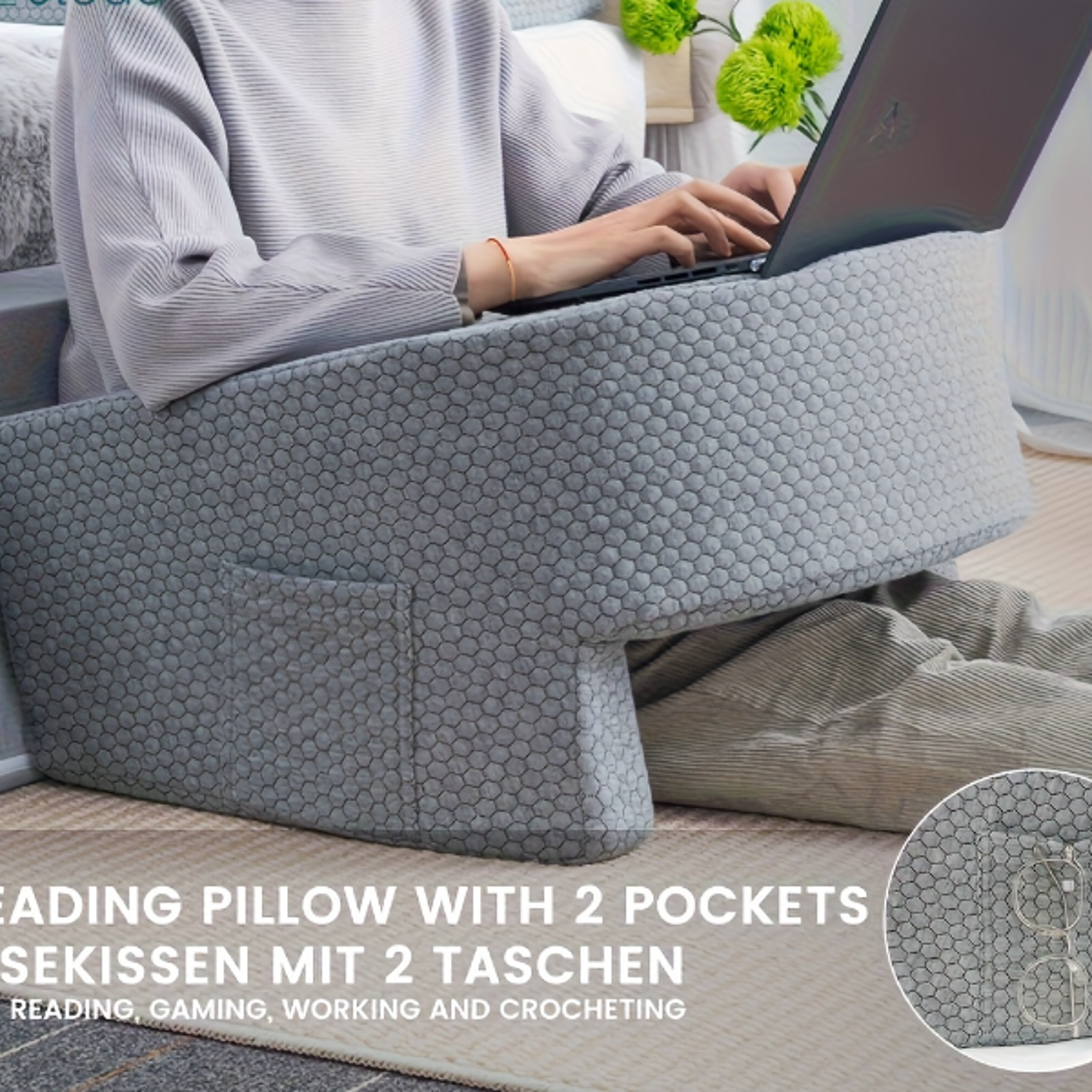 Extra Large Memory Foam Lap Desk  Reading Pillow with Arm Rests for Gaming Working and Bed Comfort