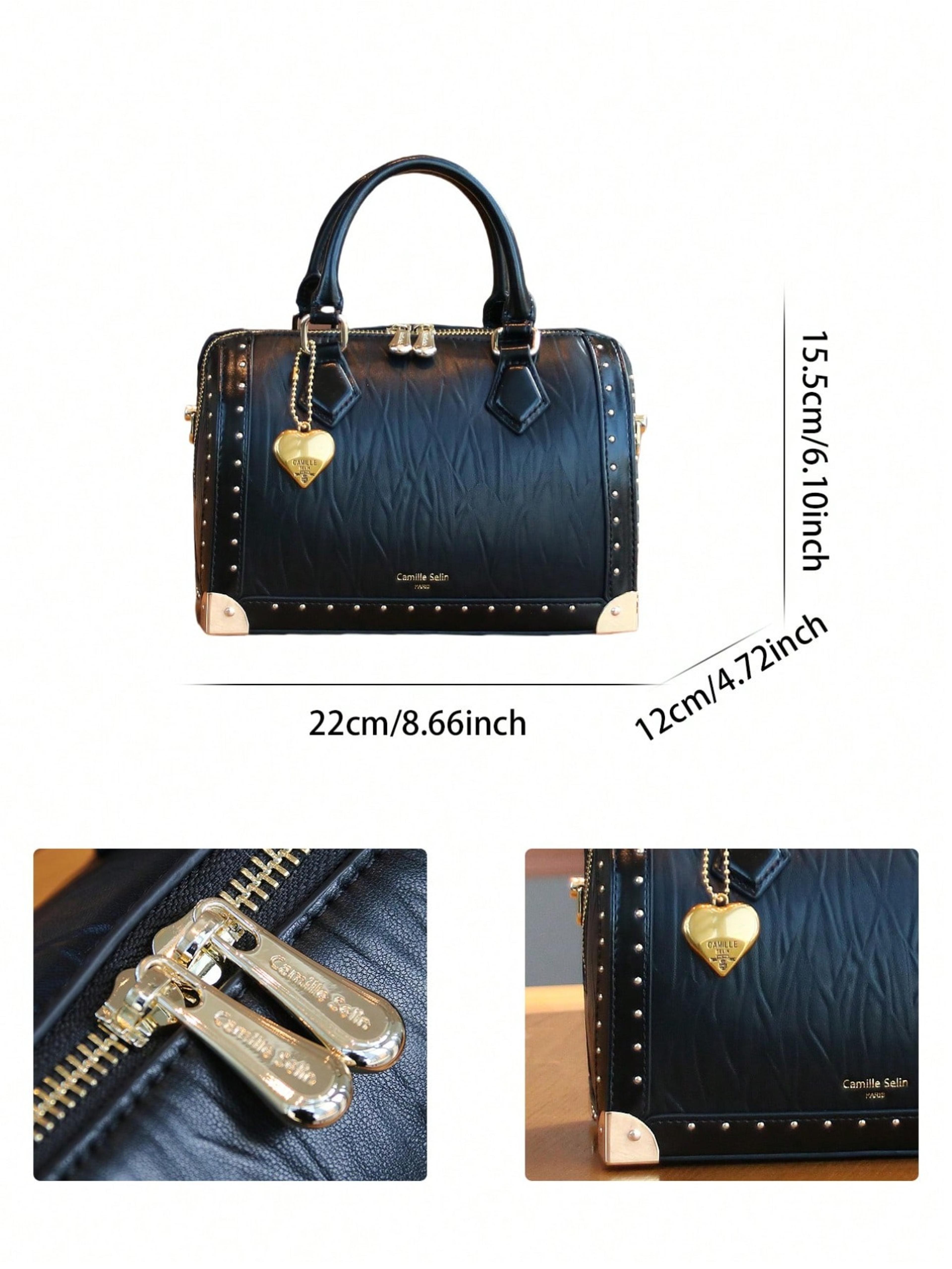 Fashionable Vintage Rivet BoxShaped Handbag For Women Personalized Street Style Boston Bag 3