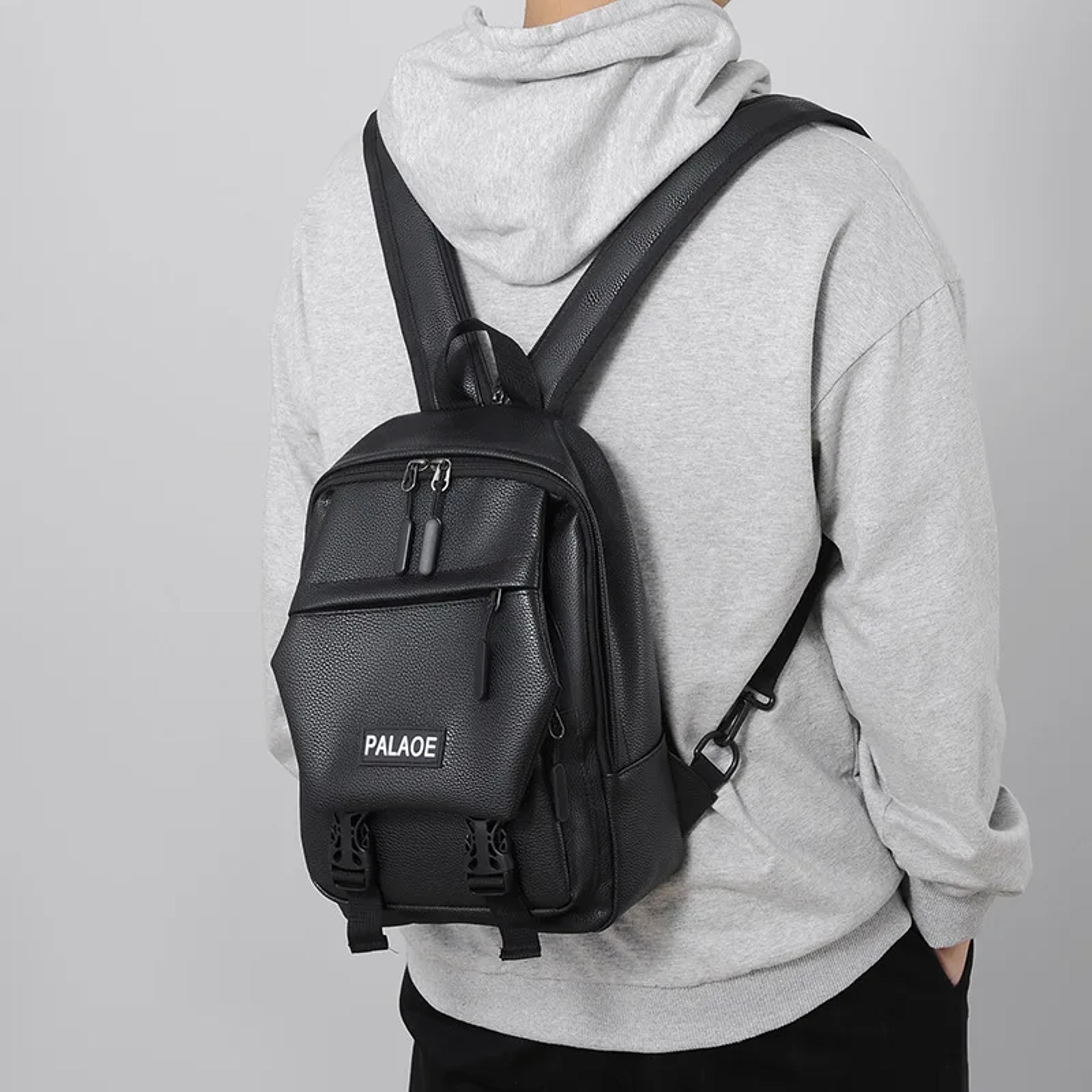 Mini Leather Backpack For Men Compact PU Leather Travel Chest Bag Small Sling Backpack 0