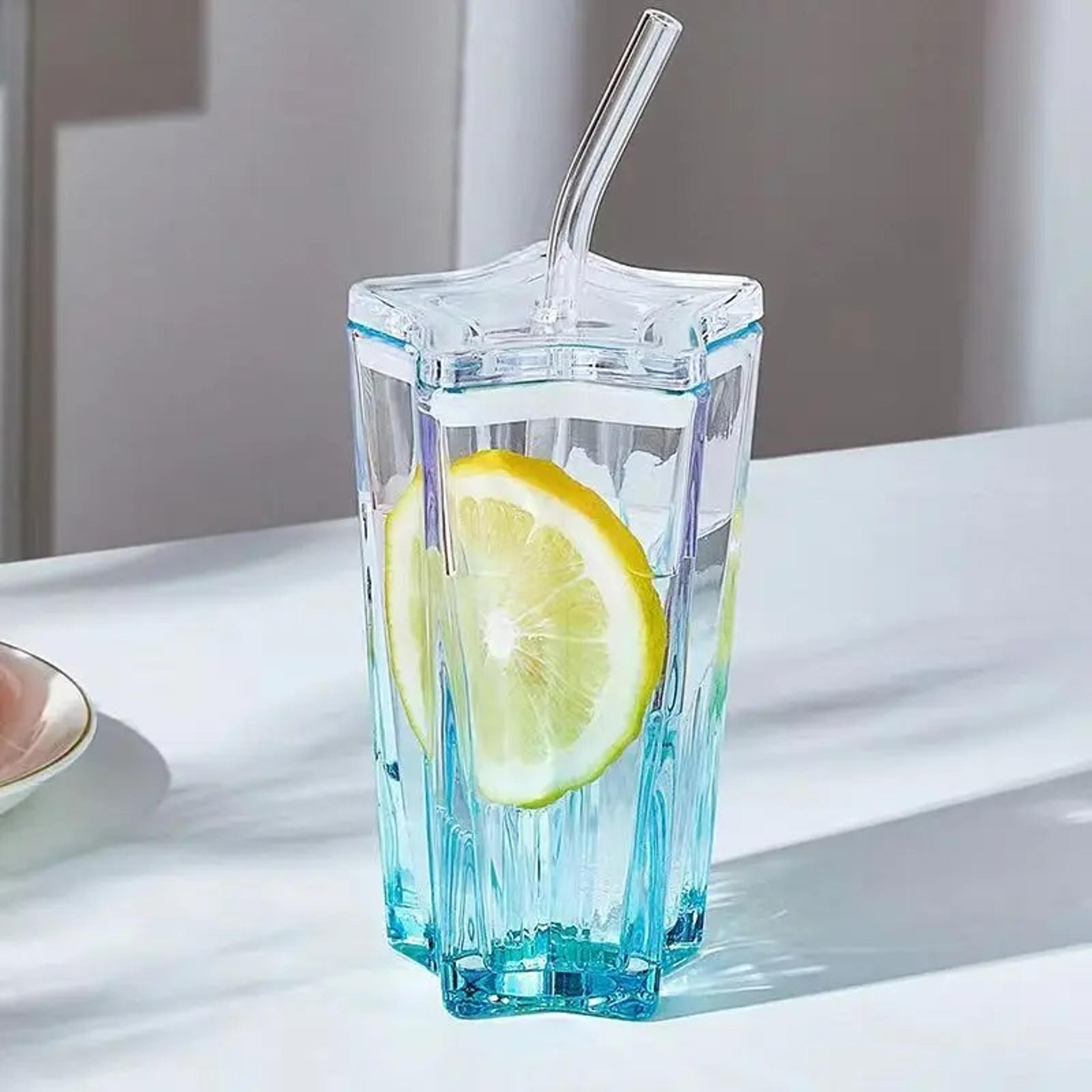 Star Shape Glass Tumbler With Straw Leakproof Lid Cute Iced Coffee Cup 6