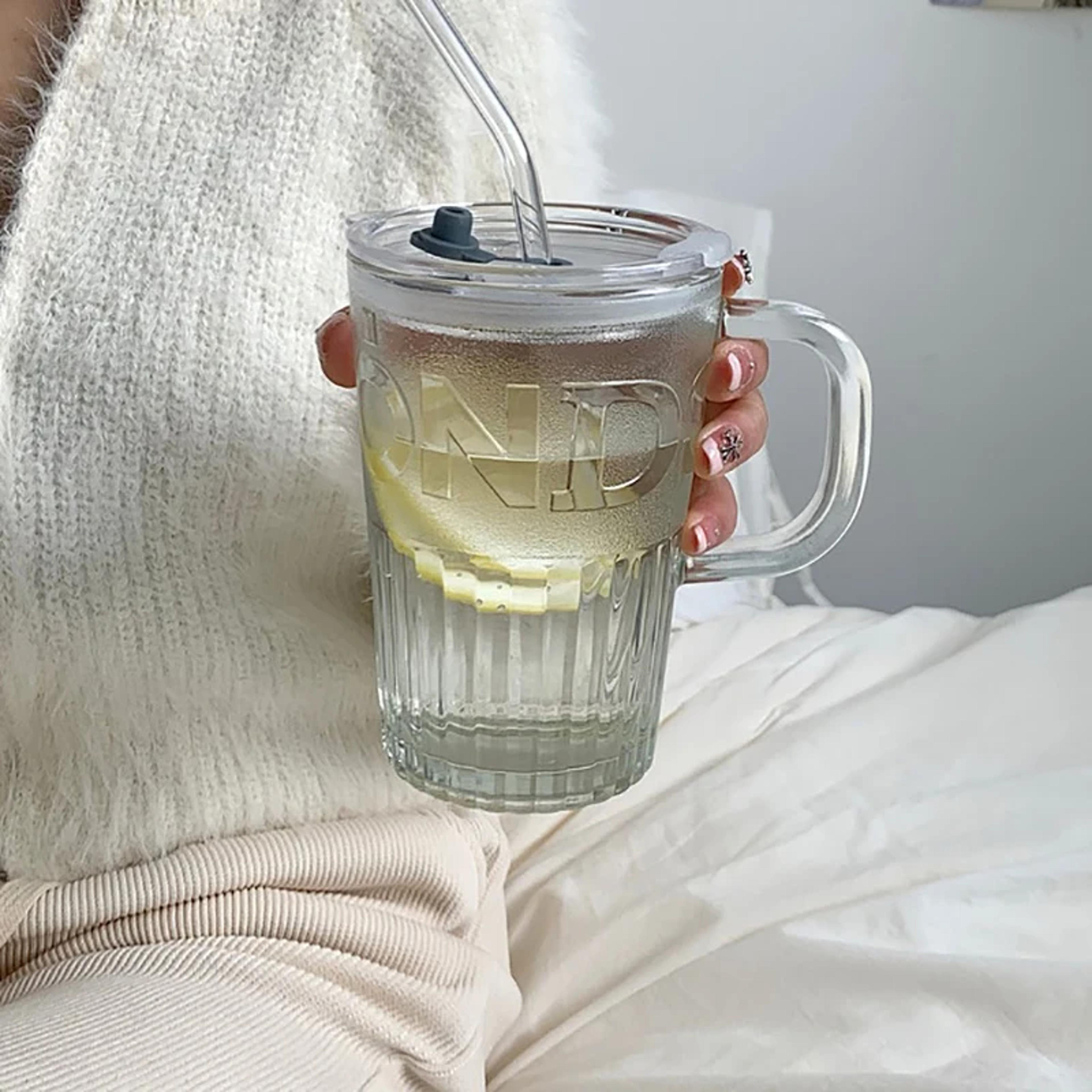 Retro Glass Tumbler With Lid And Straw Reusable Juice And Coffee Cup Transparent Green Glass Mug 4