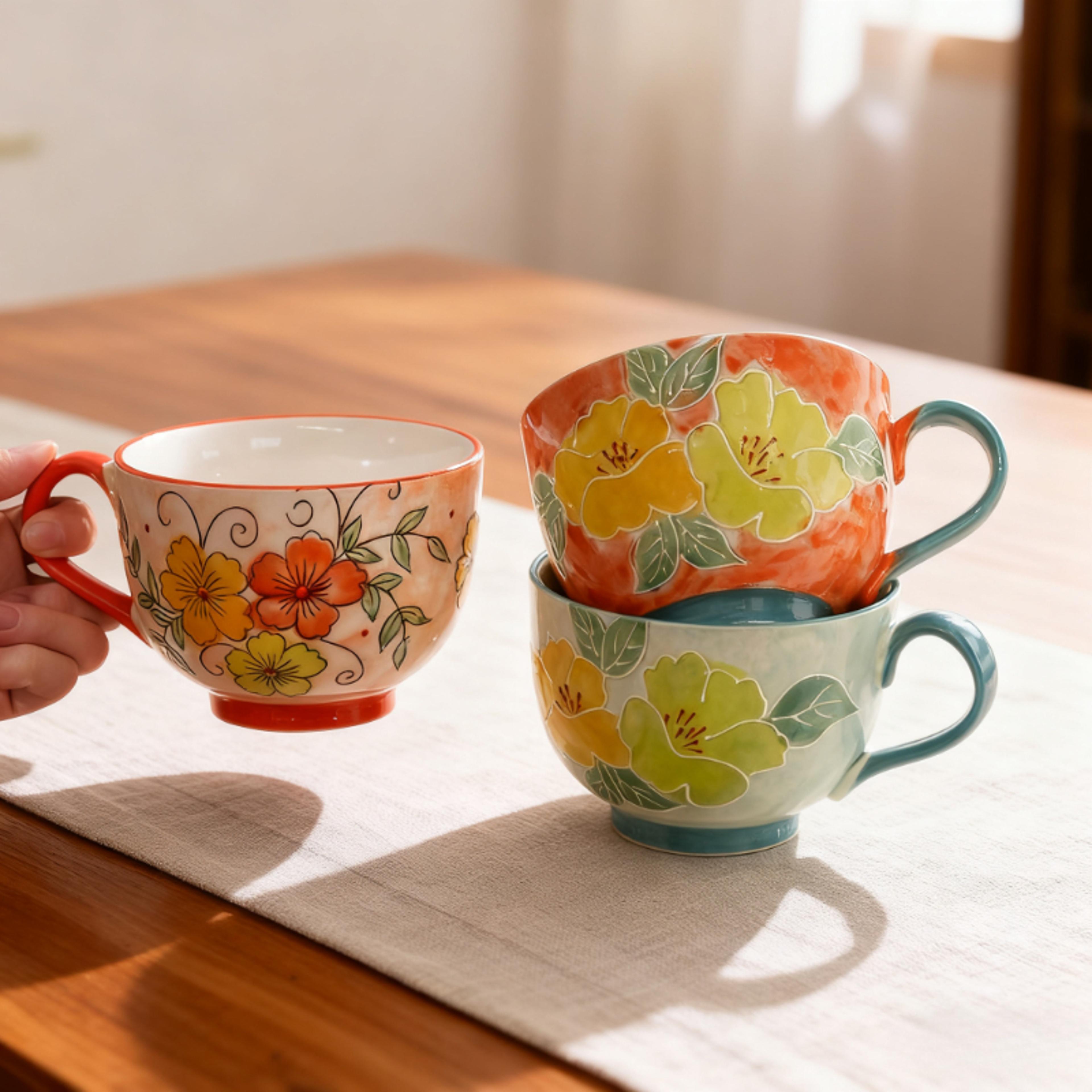 Hand Painted Floral Ceramic Mug Large Breakfast Cup For Tea Coffee And Oatmeal 3
