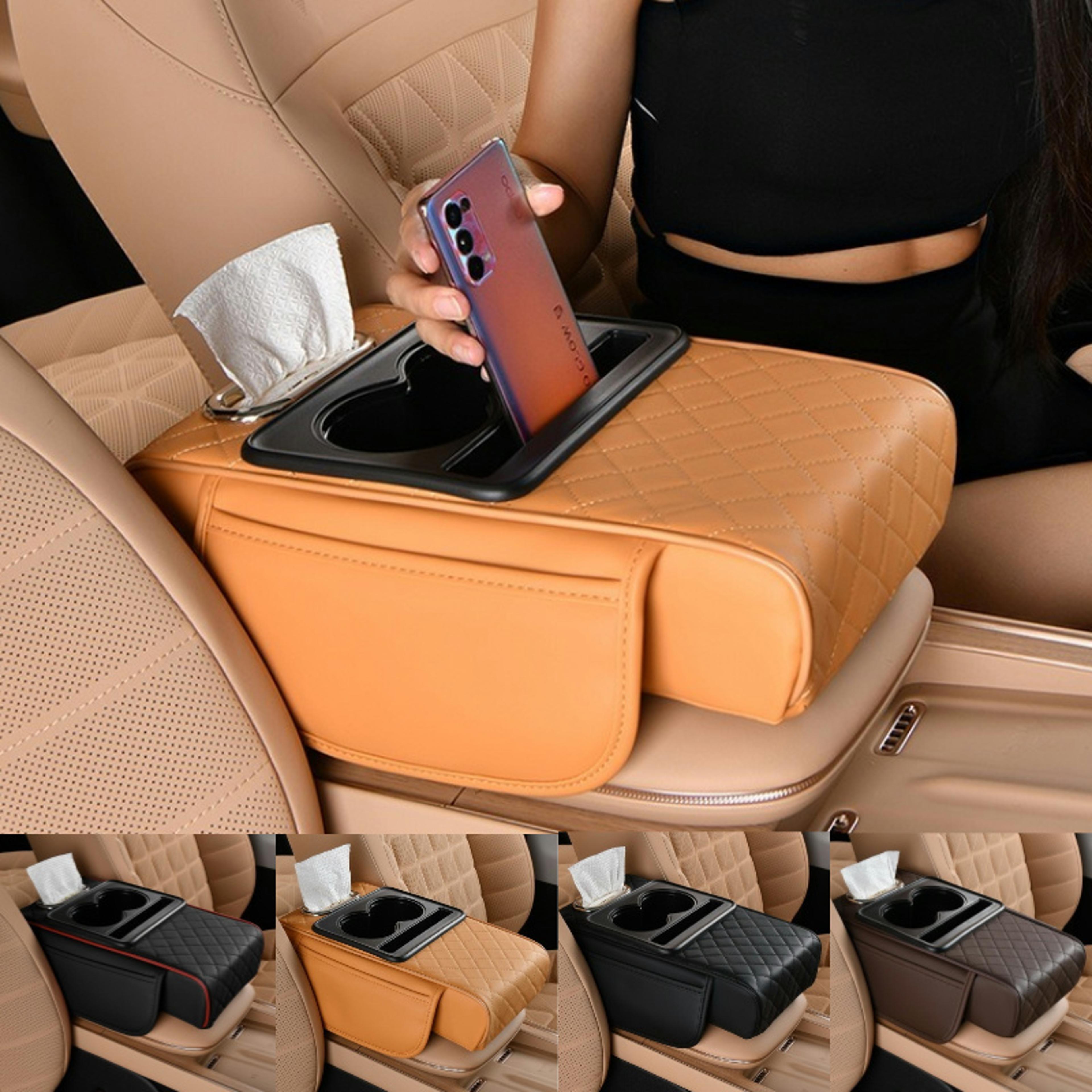 car armrest cushion with cup holder and side storage pockets