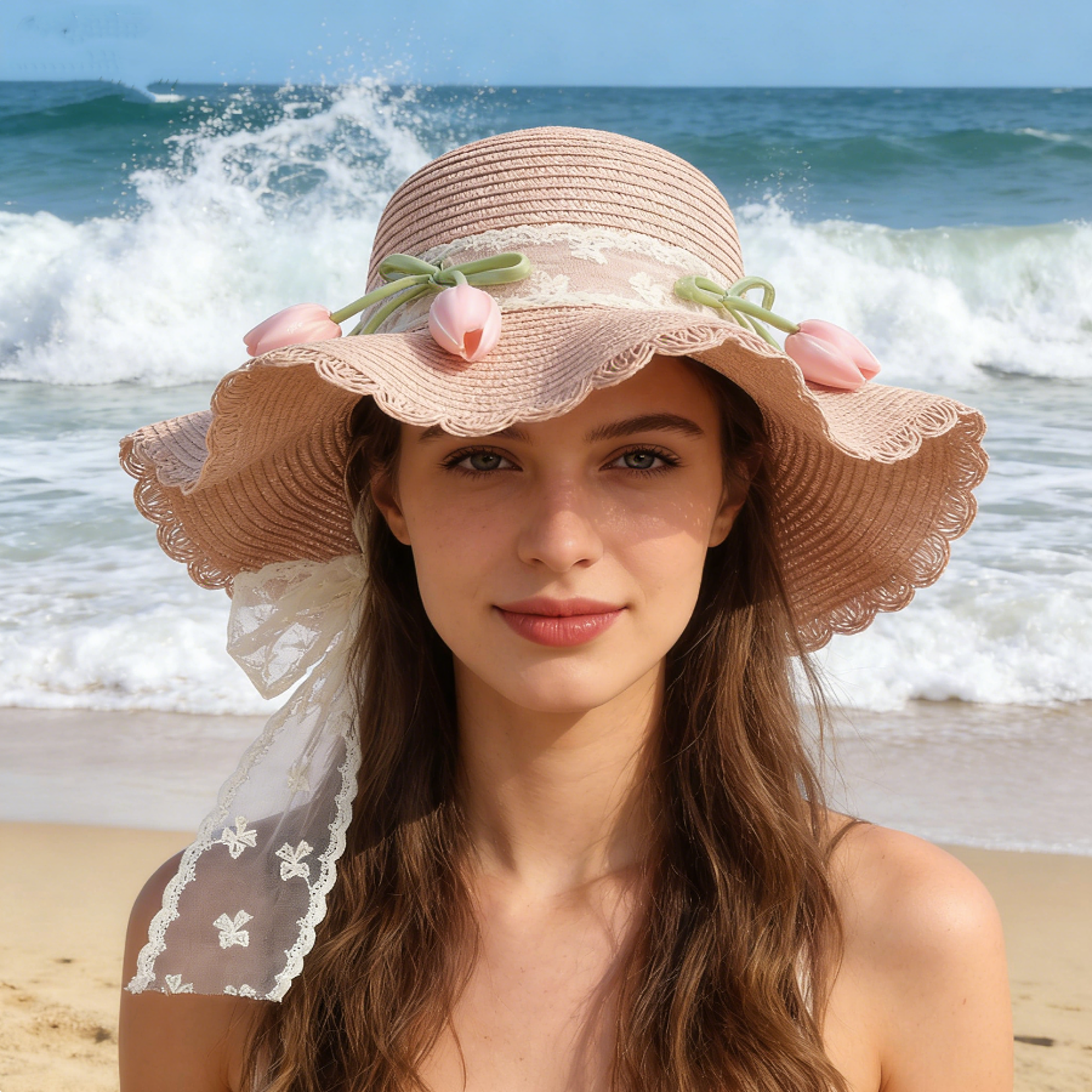 french style retro lace straw hat with tulip decoration breathable summer beach hat