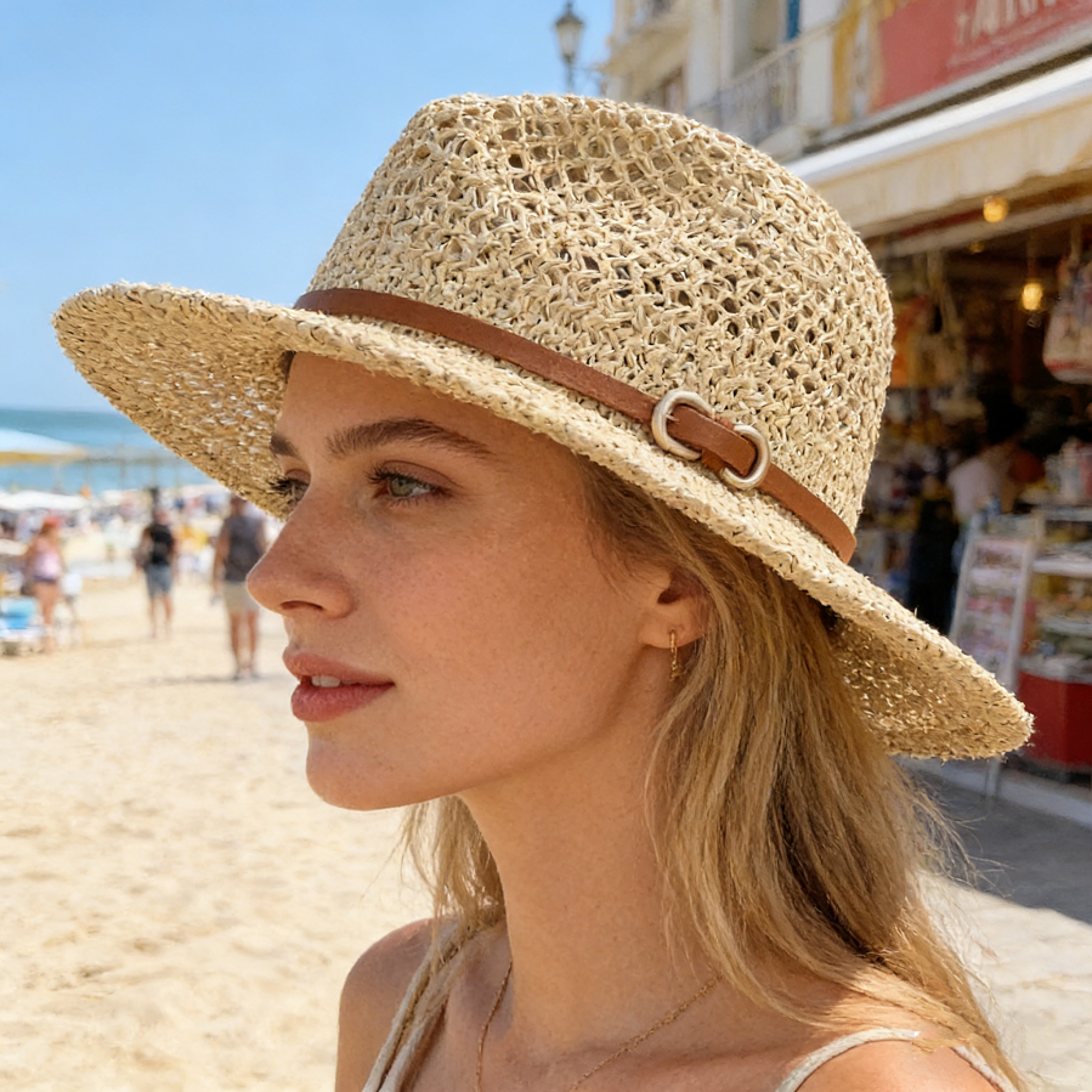 breathable wide brimmed straw hat with vintage belt for summer sun protection