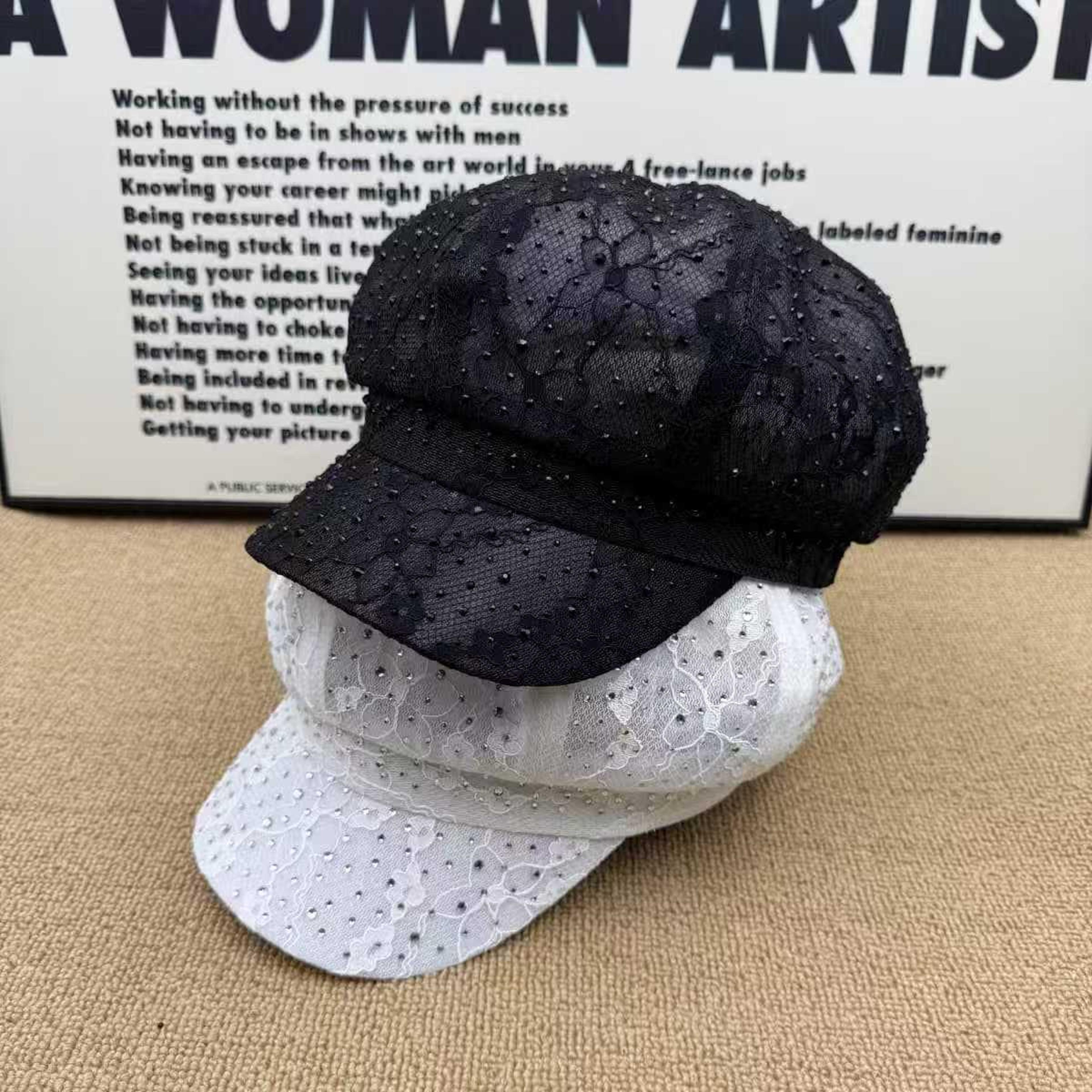 Women Lace Beret Rhinestone Octagonal Sun Hat 0