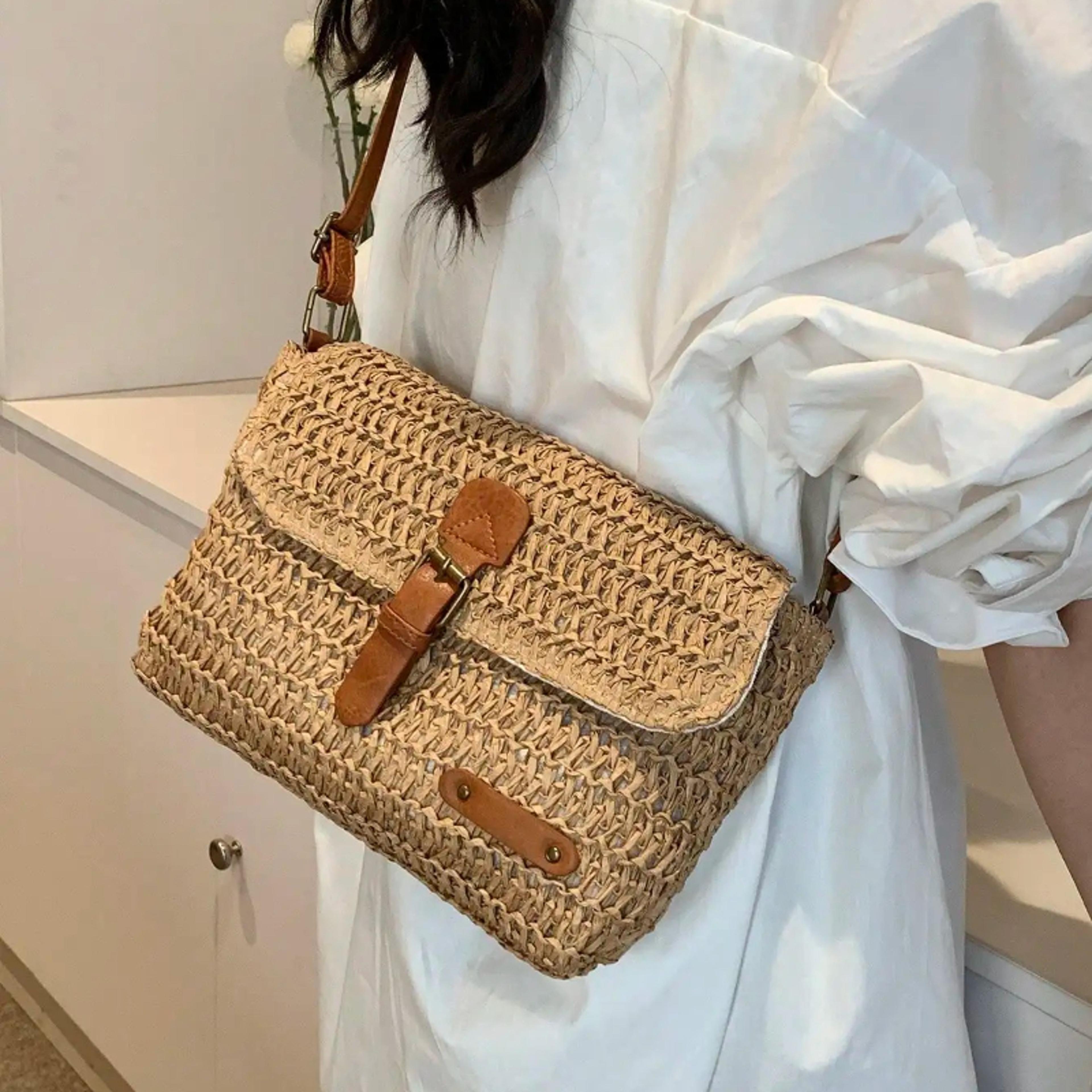 woven straw crossbody beach bag lightweight summer vacation shoulder handbag