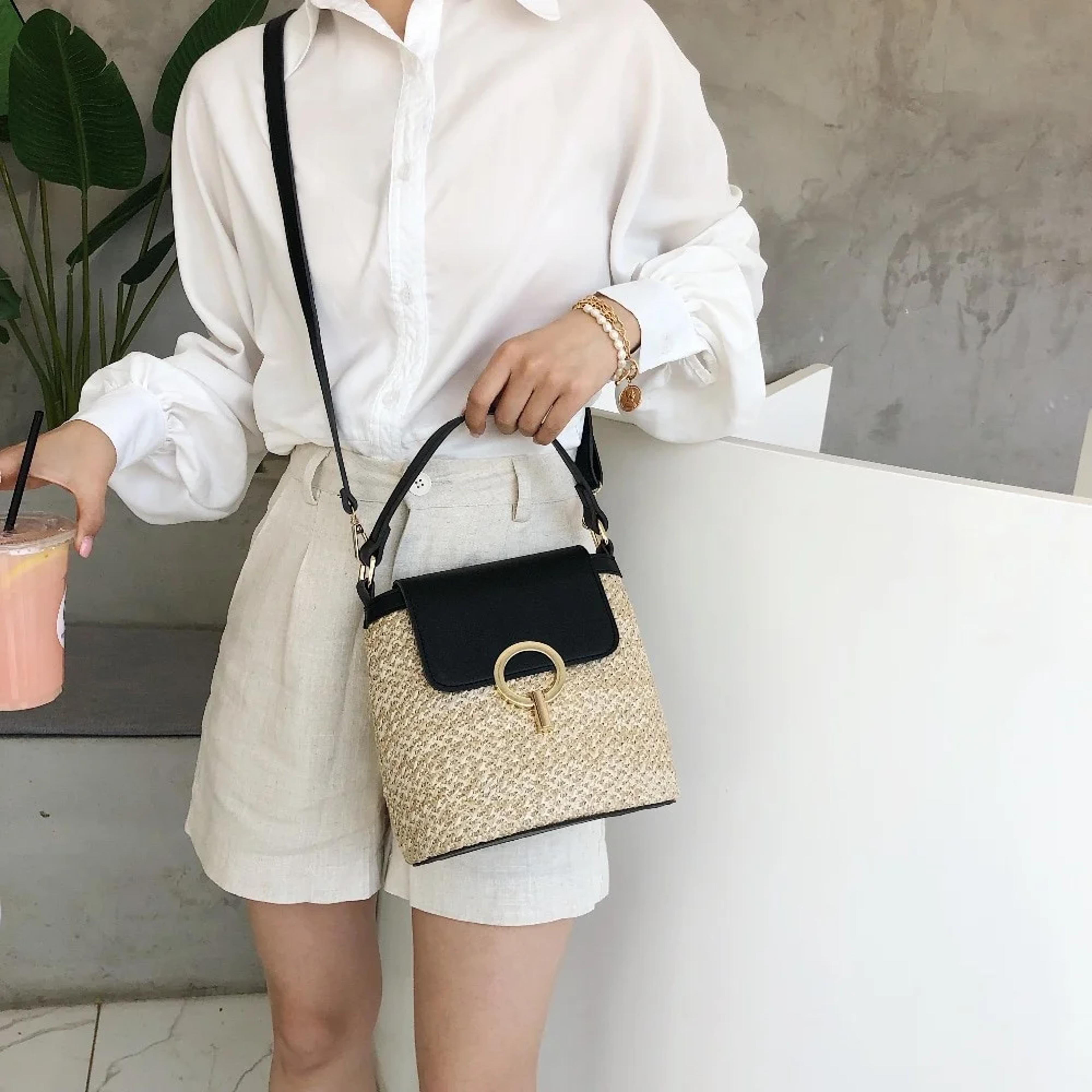 woven beach bag for women korean style straw crossbody bucket bag summer vacation tote handbag