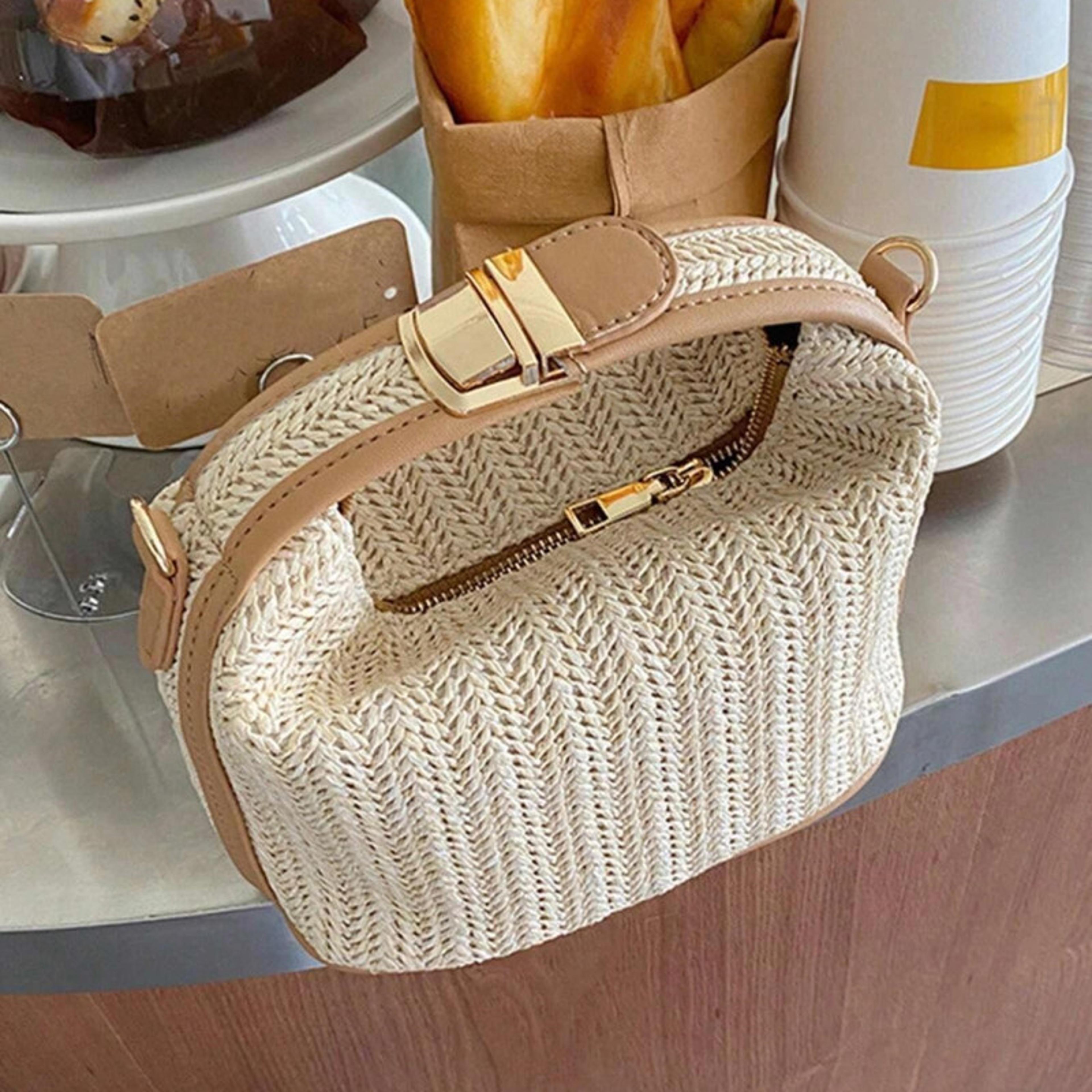 trendy summer straw handbag woven bucket beach crossbody bag casual vacation shoulder tote