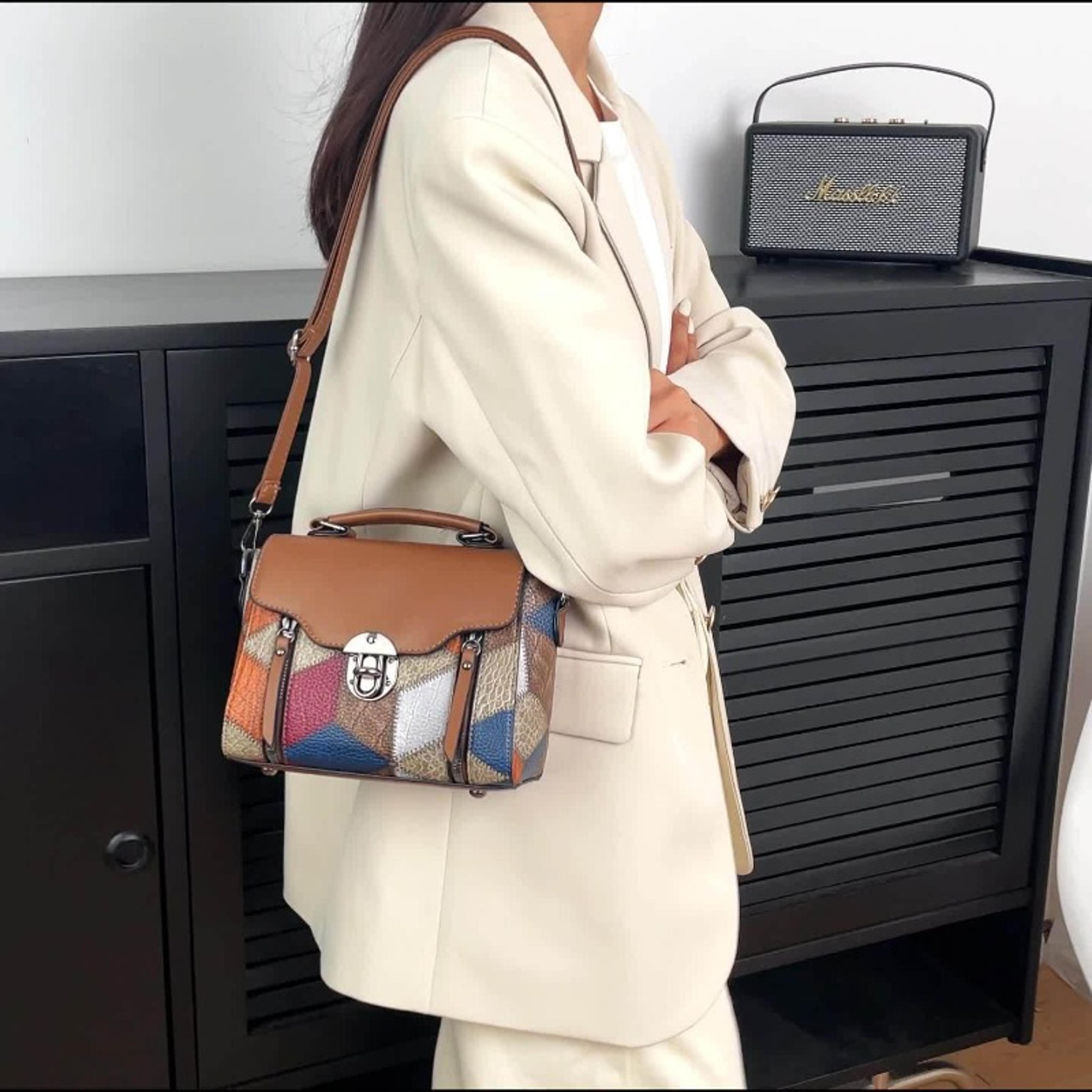 Vintage Patchwork Crossbody Bag For Women With Top Handle Lock Clasp And Adjustable Strap 0