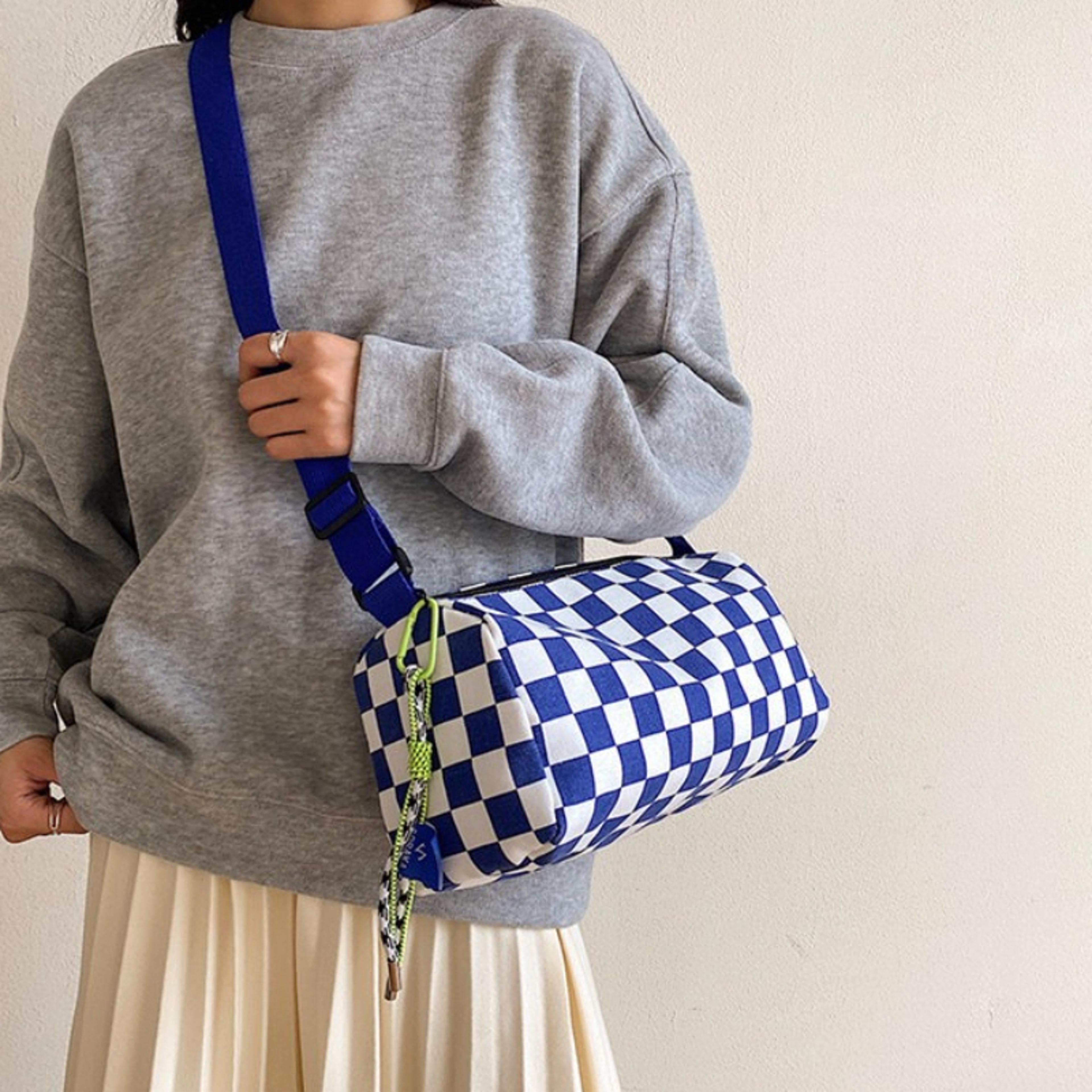 Checkered Canvas Crossbody Bucket Bag With Drawstring Adjustable Strap 1