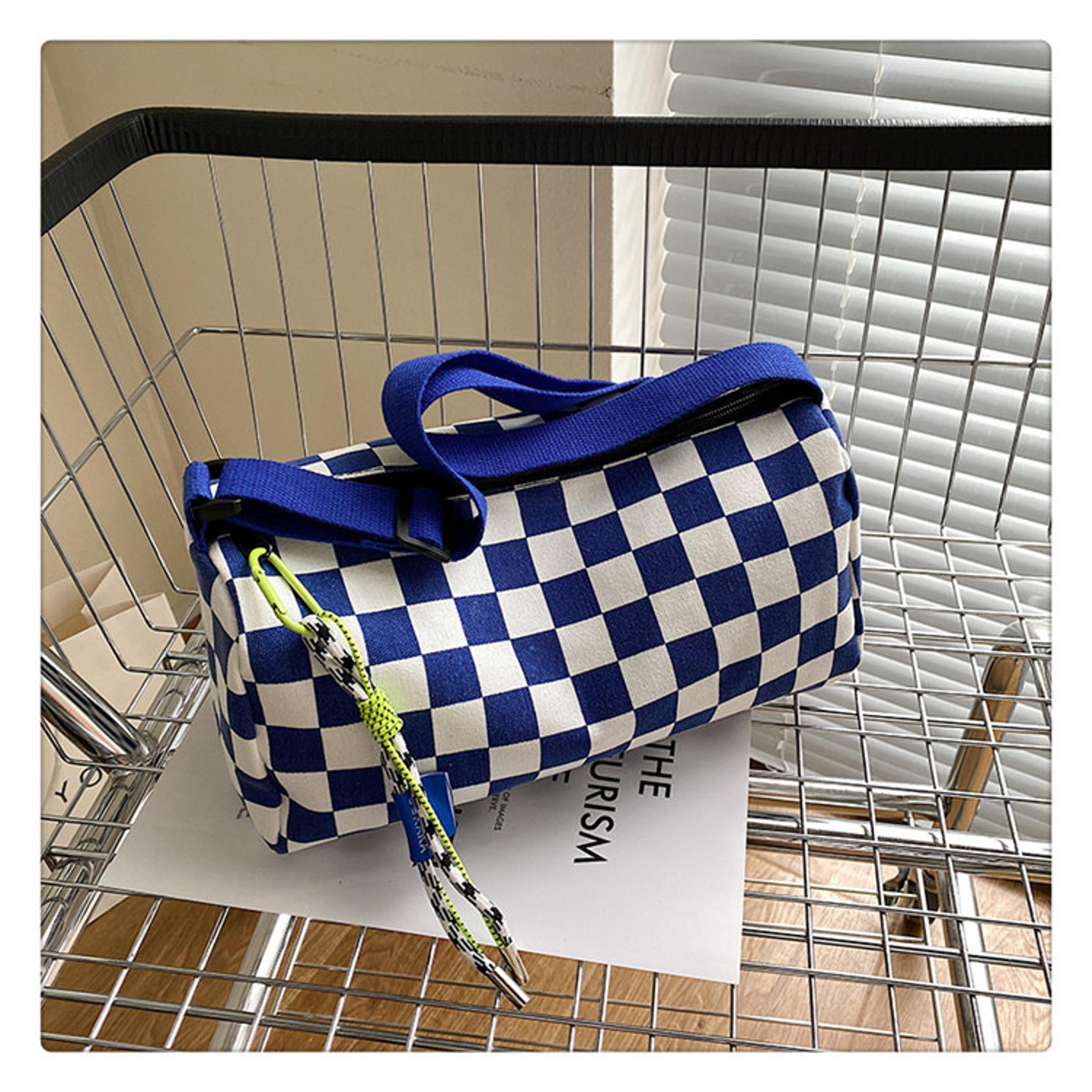 Checkered Canvas Crossbody Bucket Bag With Drawstring Adjustable Strap 3