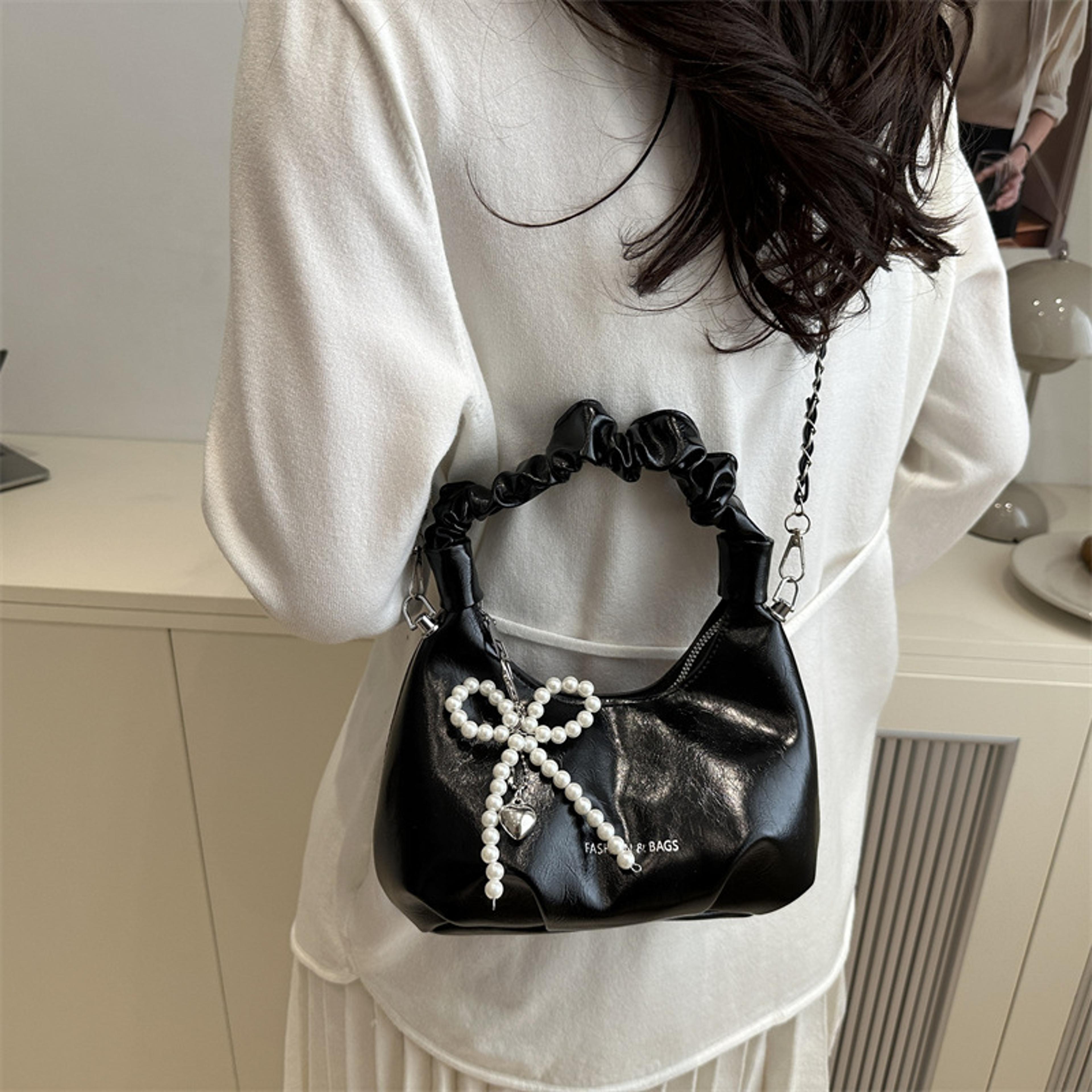 Shiny Crescent Ruched Shoulder Bag With Pearl Bow Charm 0