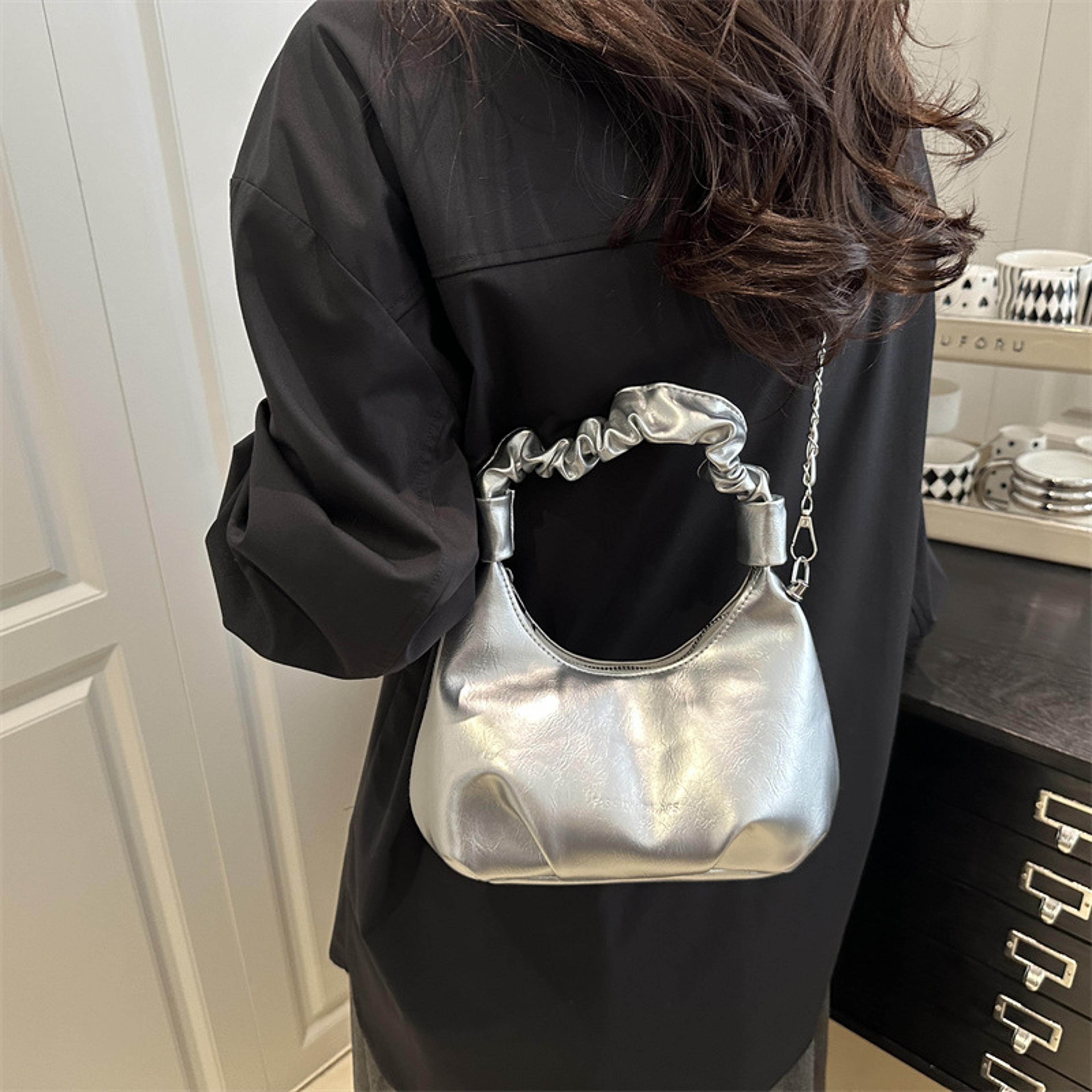 Shiny Crescent Ruched Shoulder Bag With Pearl Bow Charm 7