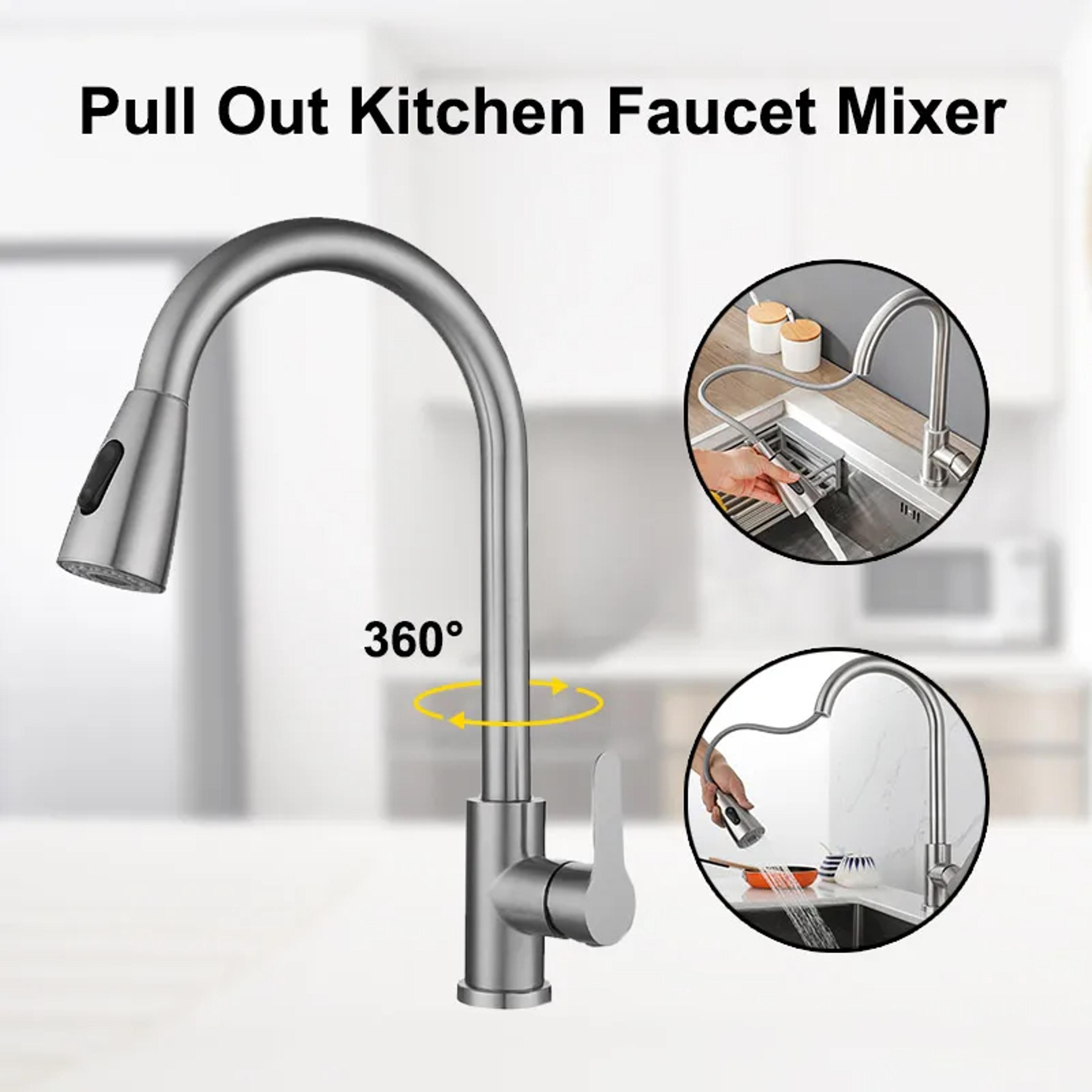 Brushed Nickel Pull Out Kitchen Faucet Single Hole Hot Cold Sink Mixer Tap 1