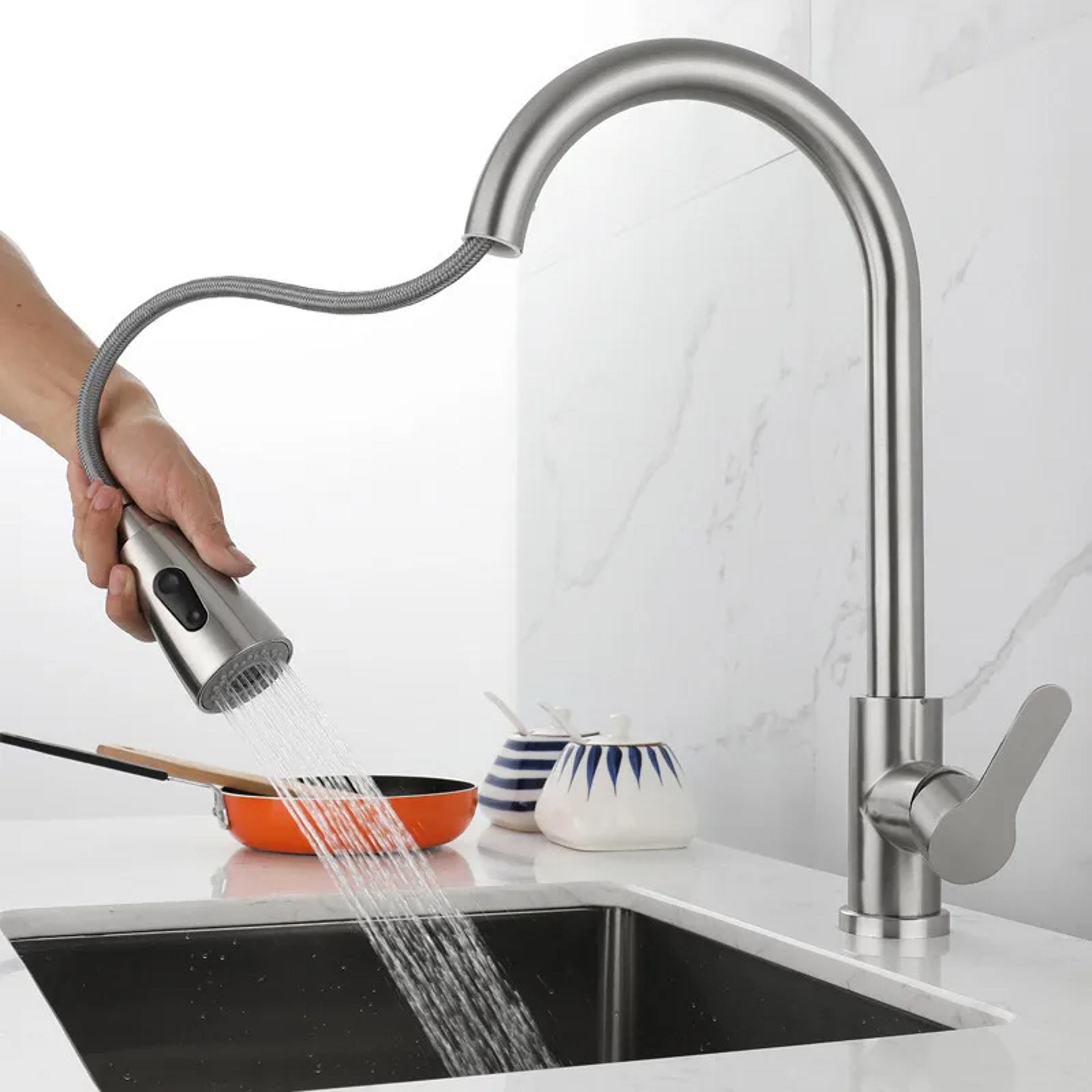 Brushed Nickel Pull Out Kitchen Faucet Single Hole Hot Cold Sink Mixer Tap 3
