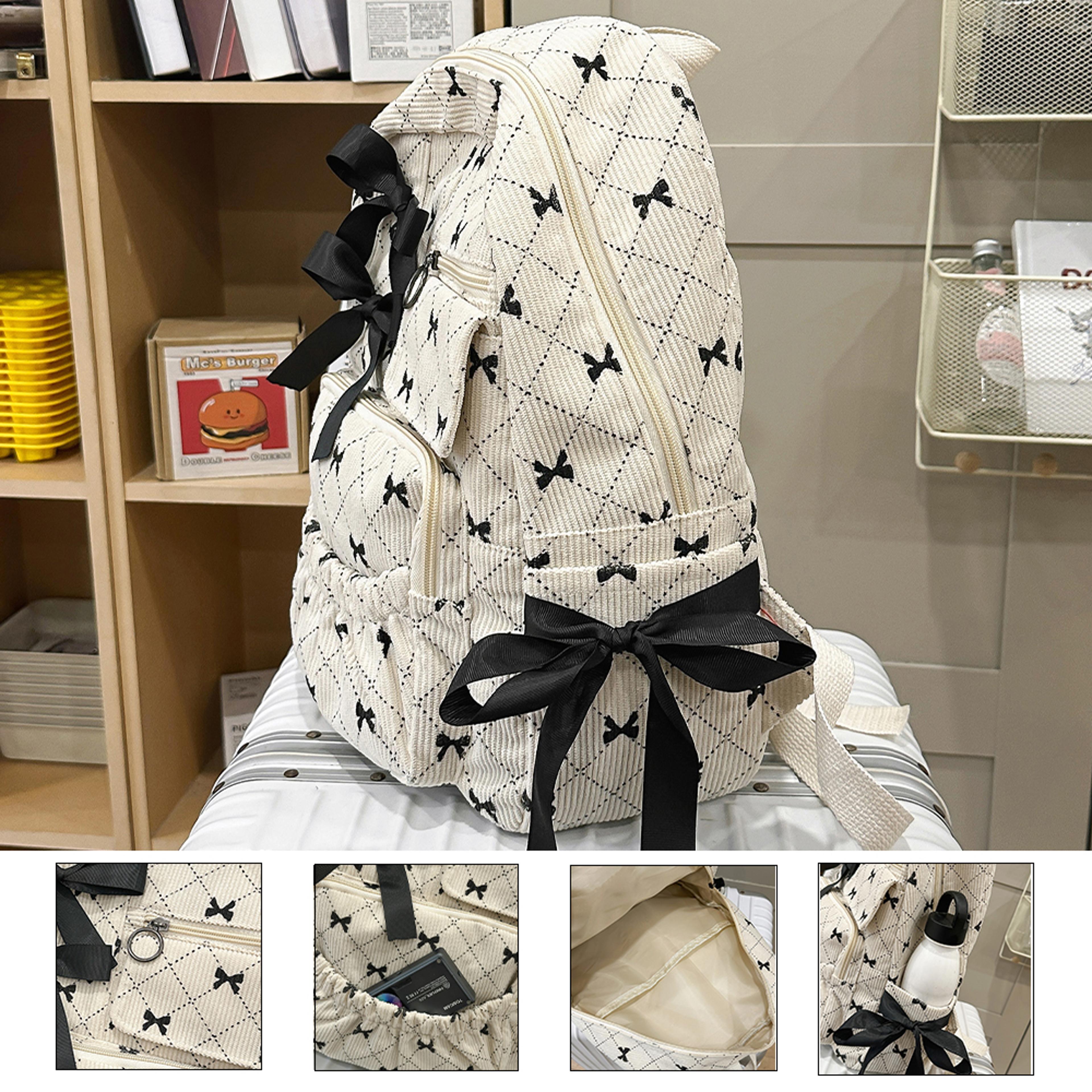 Cute Corduroy Bow Backpack Large Capacity College Laptop Backpack 3
