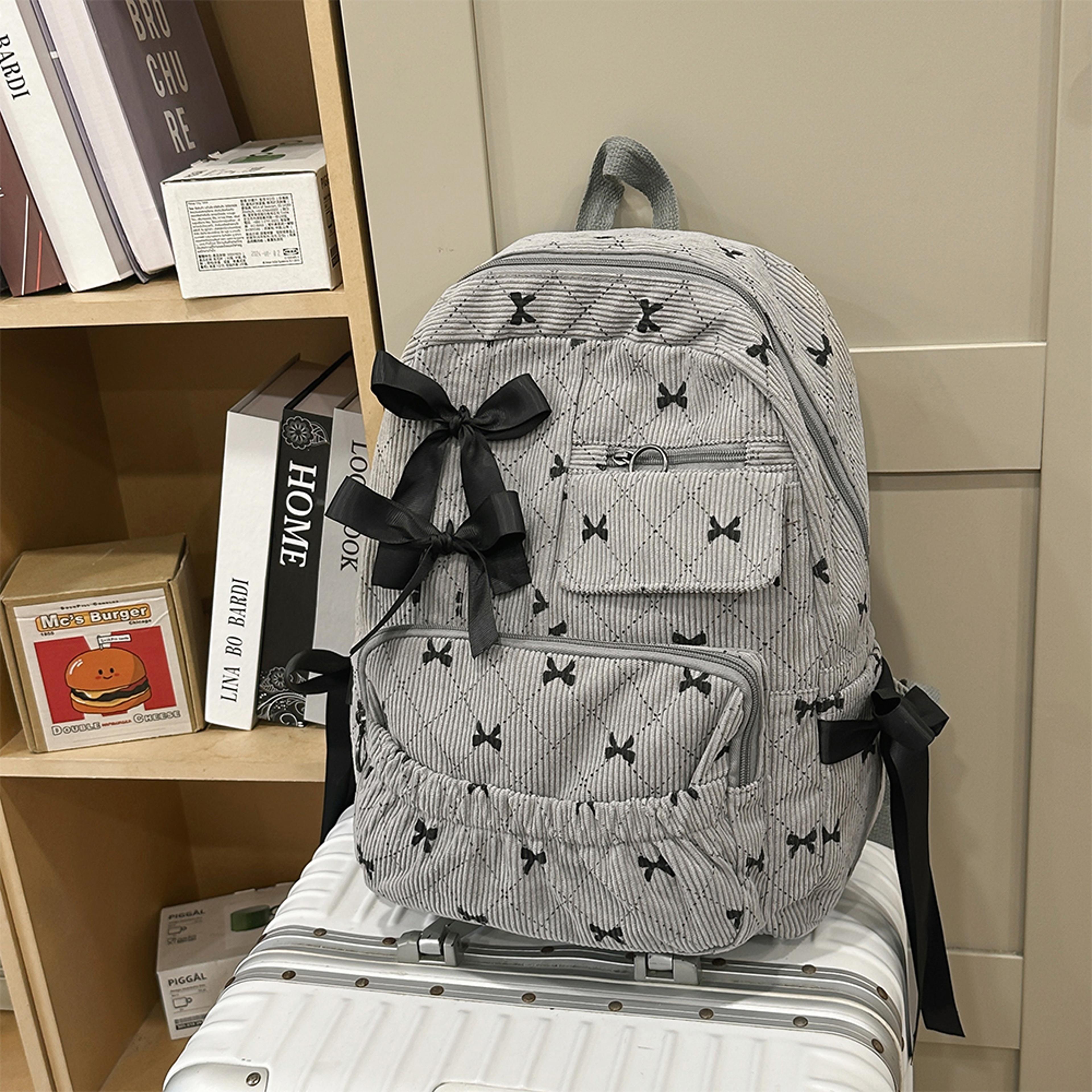 Cute Corduroy Bow Backpack Large Capacity College Laptop Backpack 8