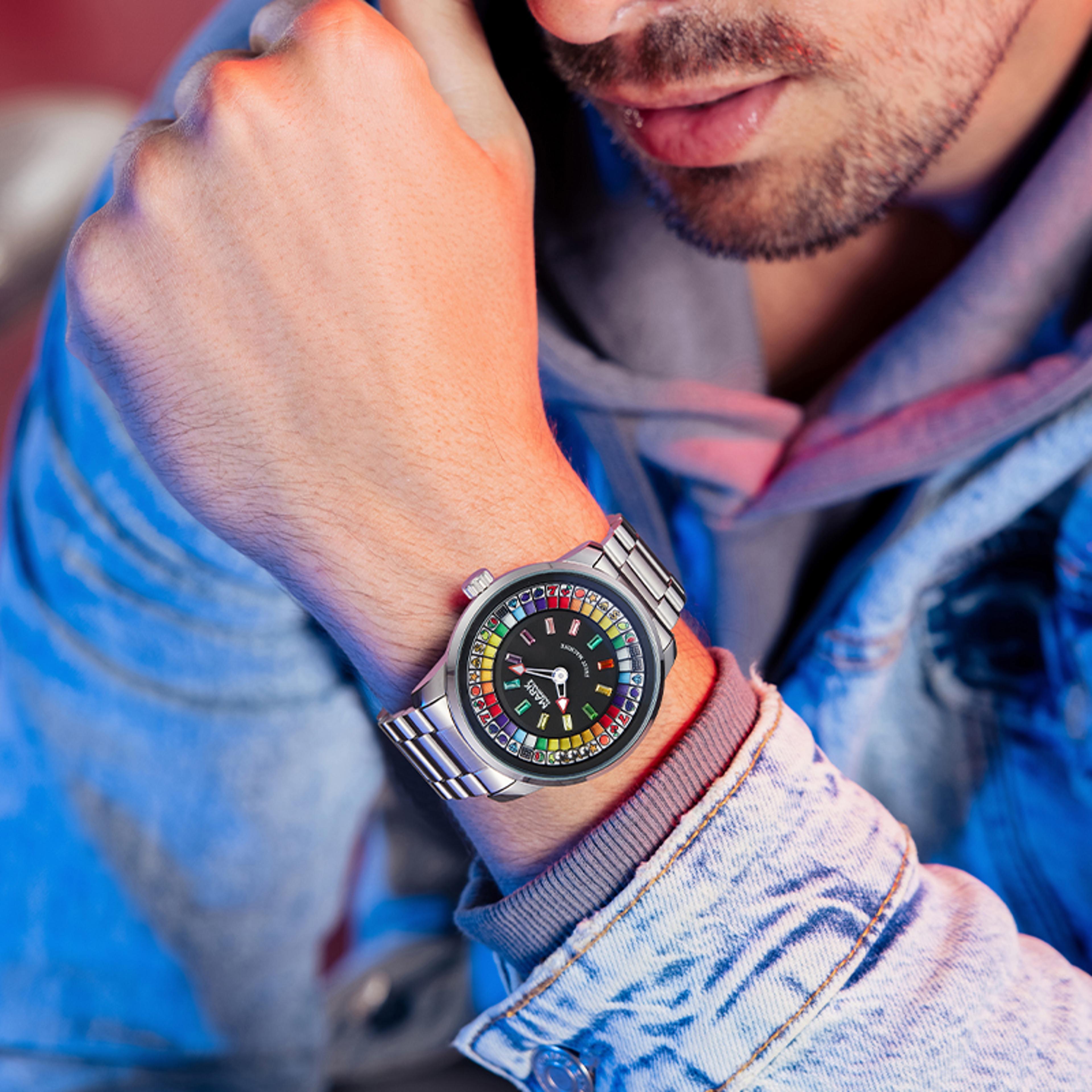 Rotating Dial Quartz Watch For Men With Crystal Accents And Metal Bracelet 4