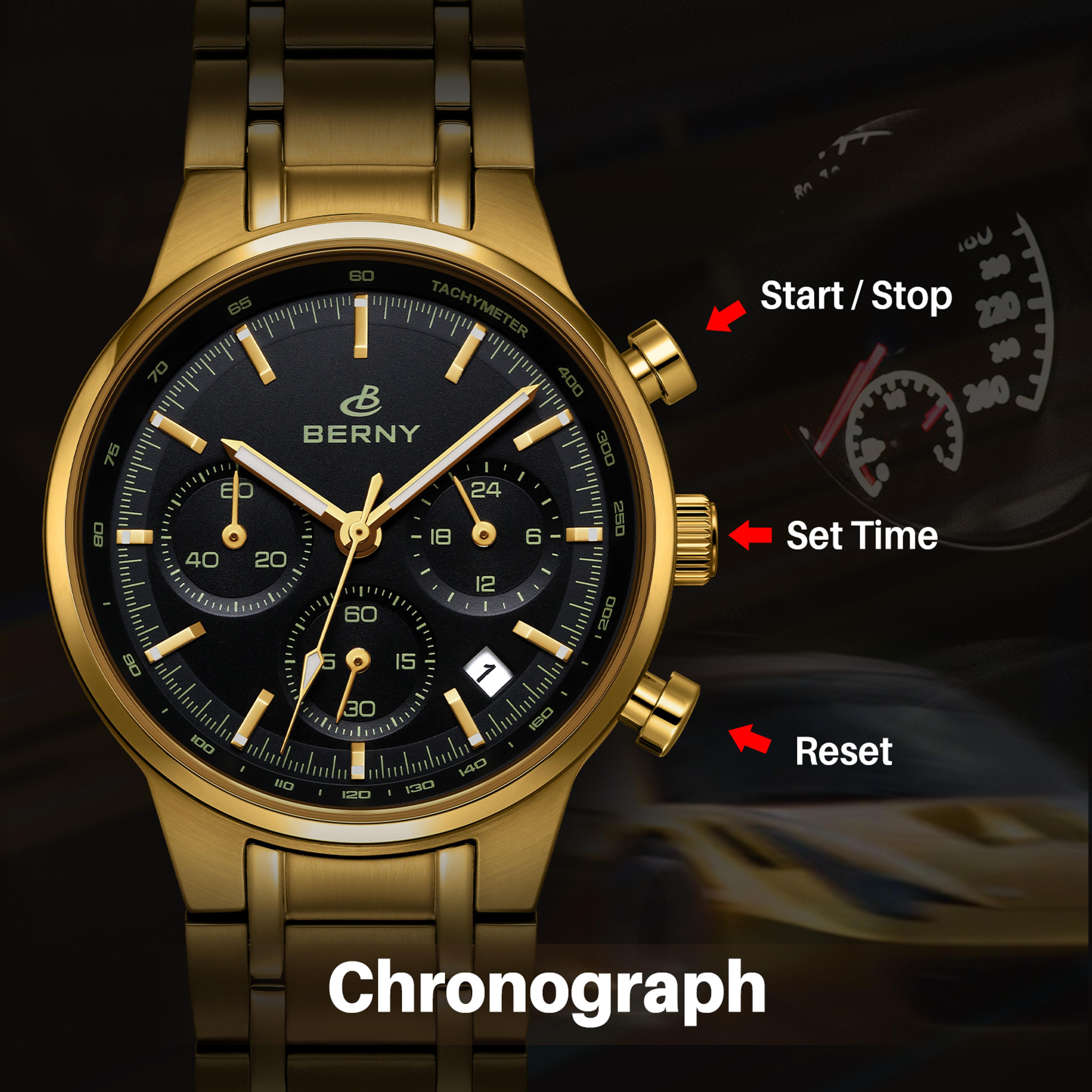 Gold Panda Dial Chronograph Watch For Men Sapphire Stainless Steel Quartz Sports Watch 2