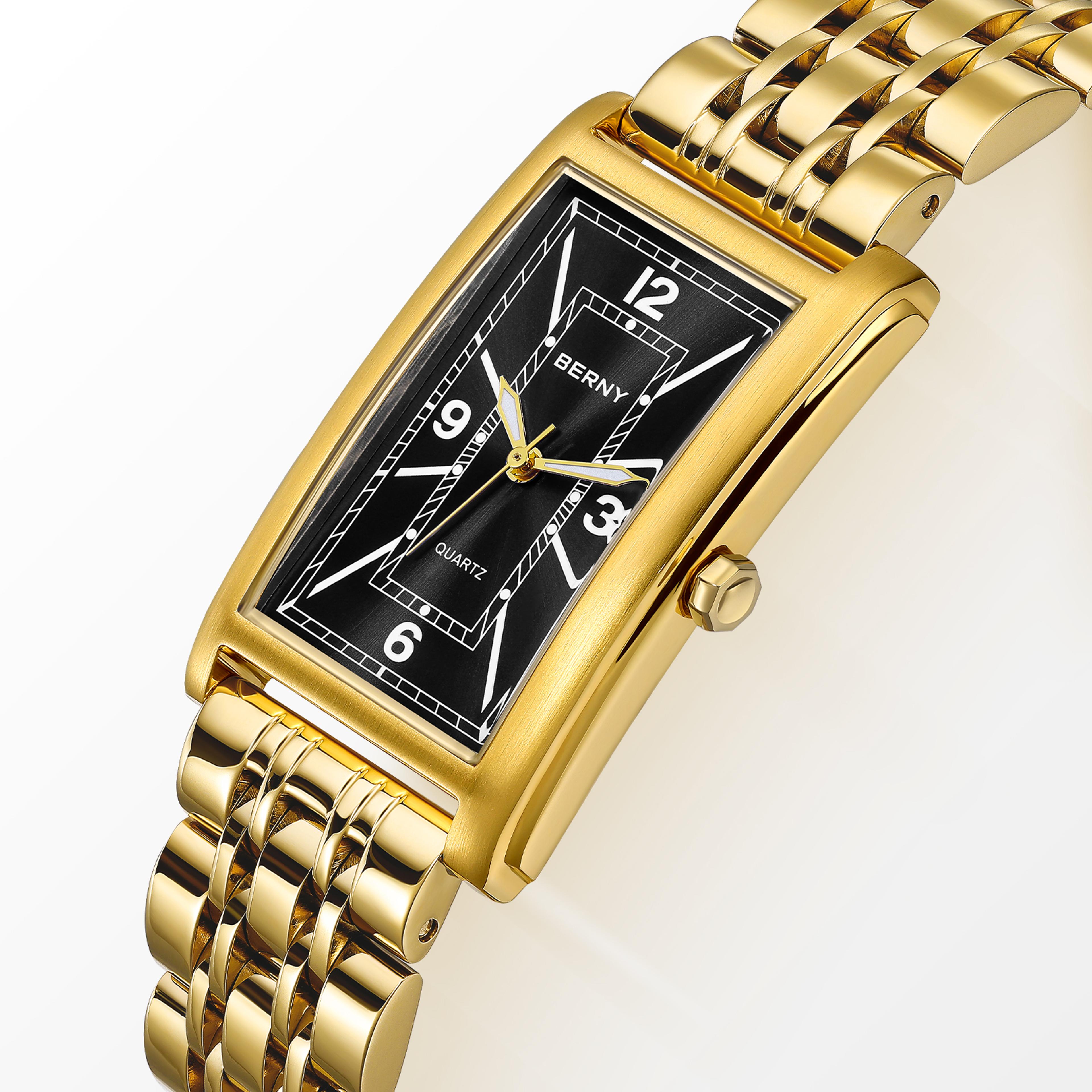 Gold Rectangular Watch For Men Stainless Steel Luminous Luxury Wristwatch 1