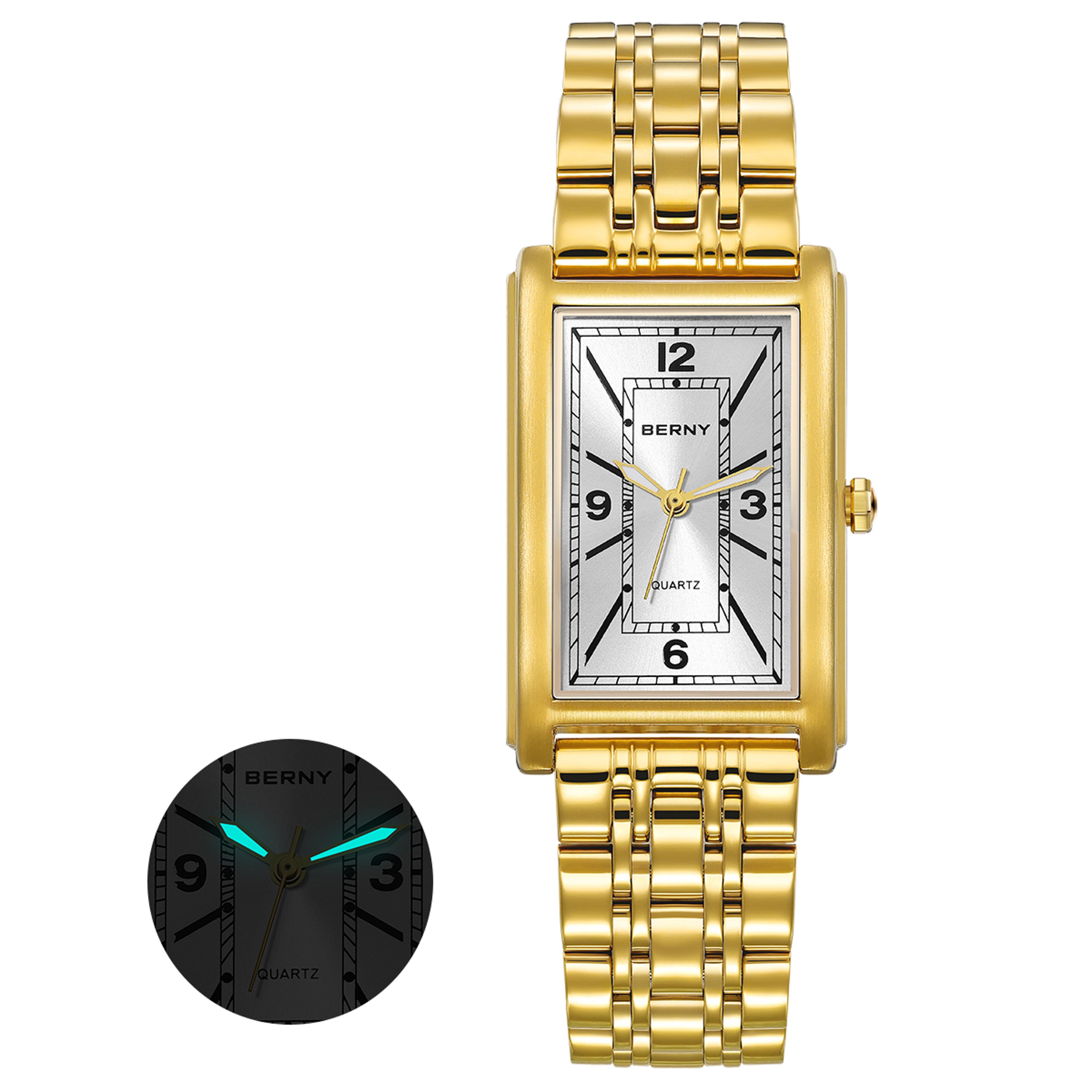 Gold Rectangular Watch For Men Stainless Steel Luminous Luxury Wristwatch 10