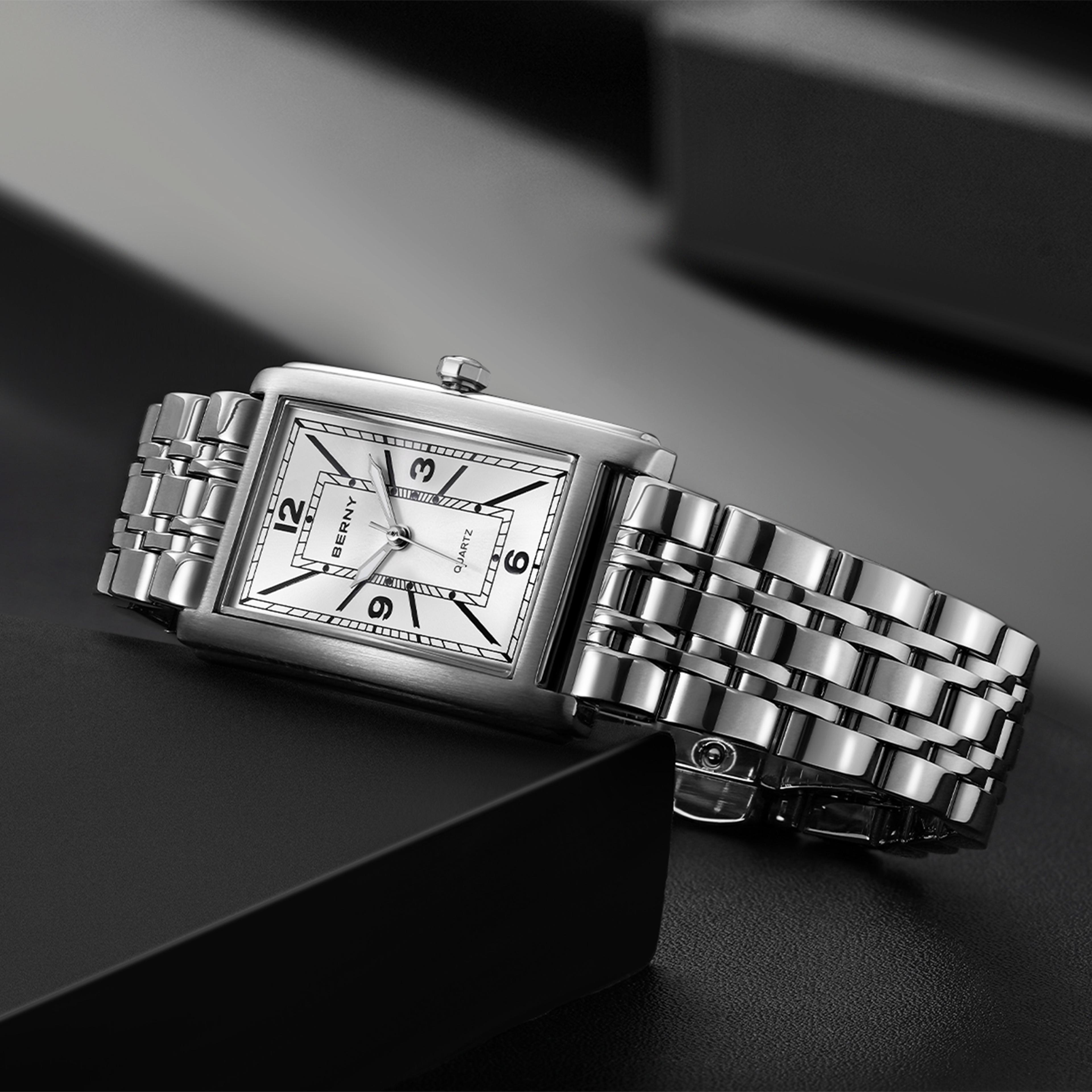 Luxury Square Mens Quartz Watch Stainless Steel Luminous Rectangular Wristwatch 2