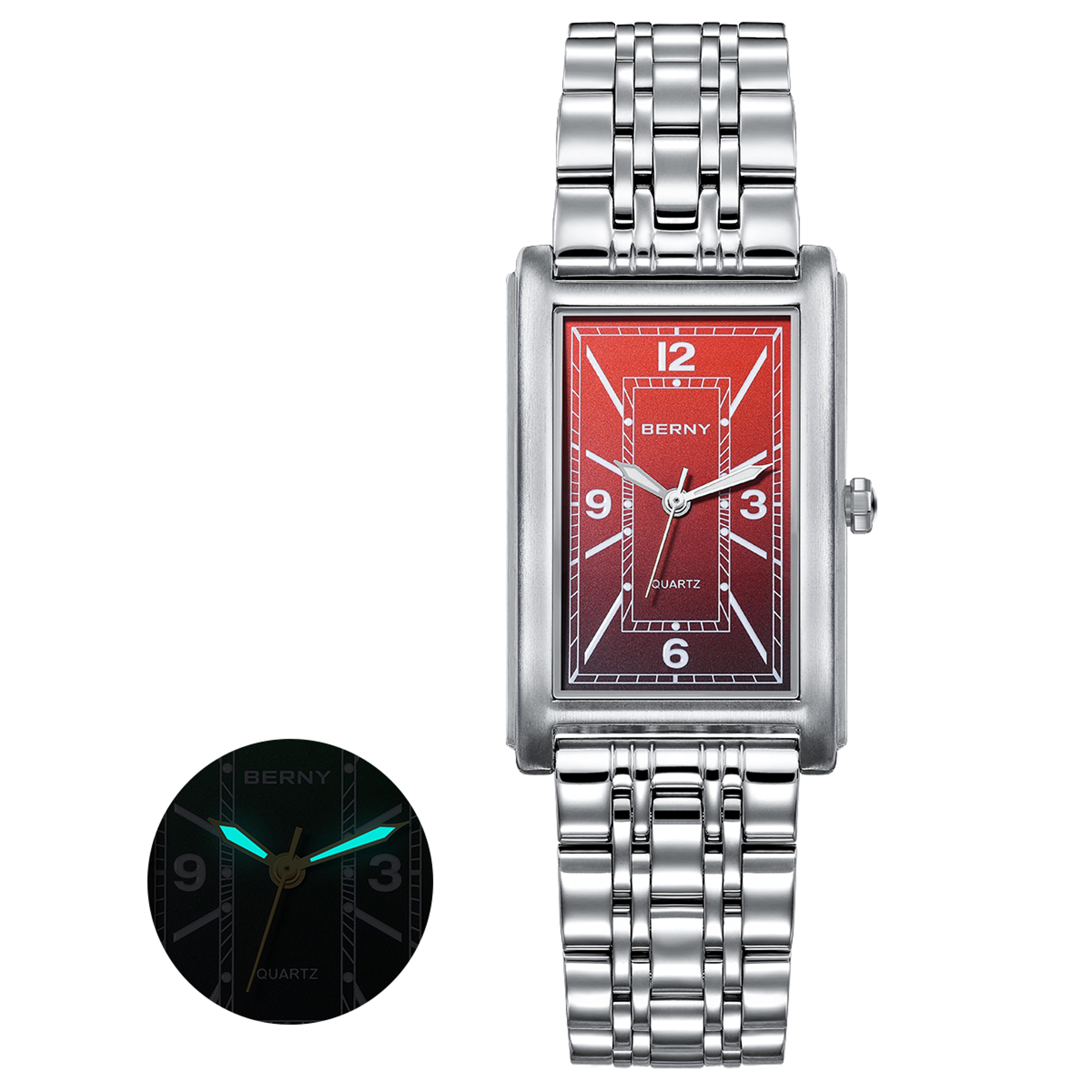 Luxury Square Mens Quartz Watch Stainless Steel Luminous Rectangular Wristwatch 9