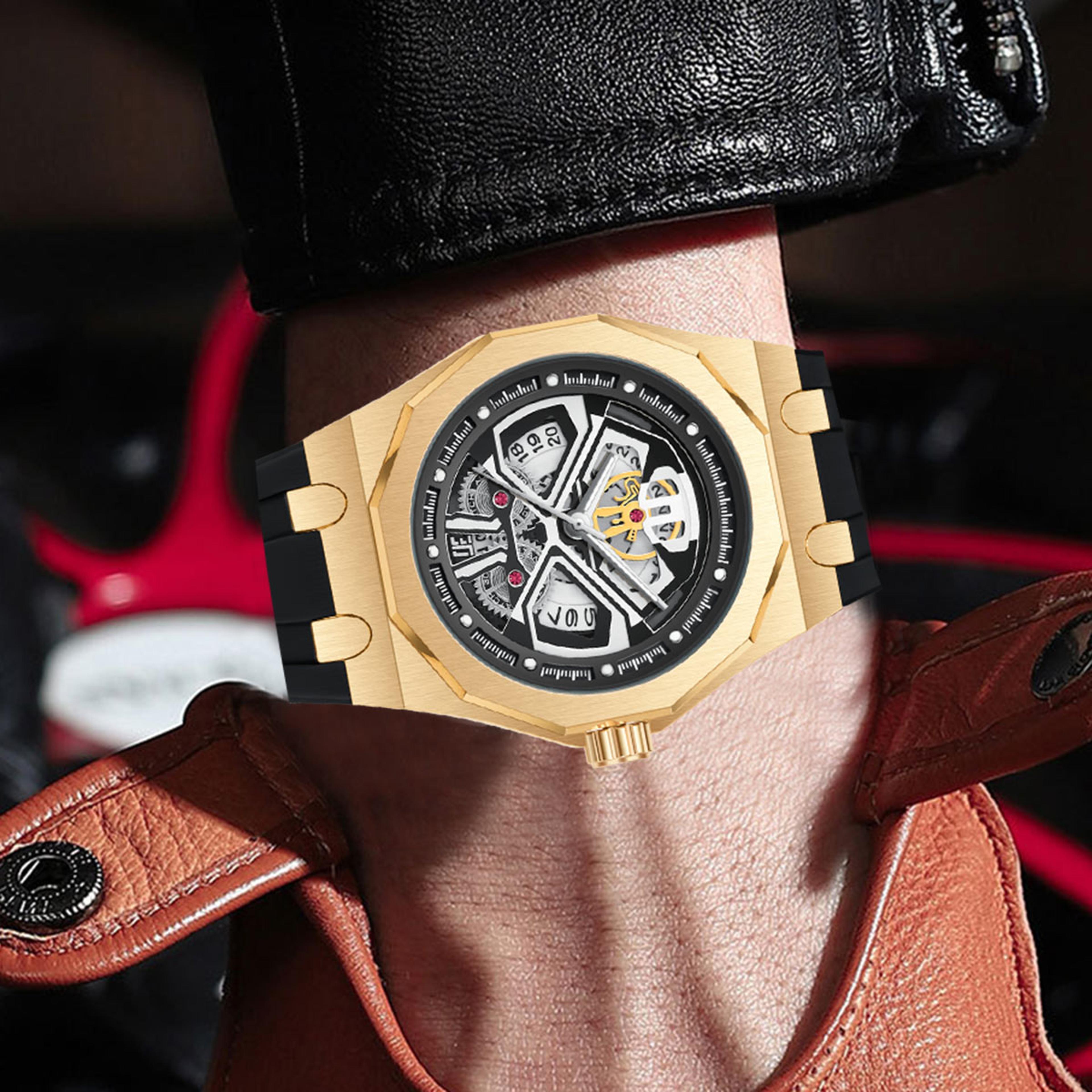 Classic Black Skeleton Quartz Watch For Men With Silicone Strap 5