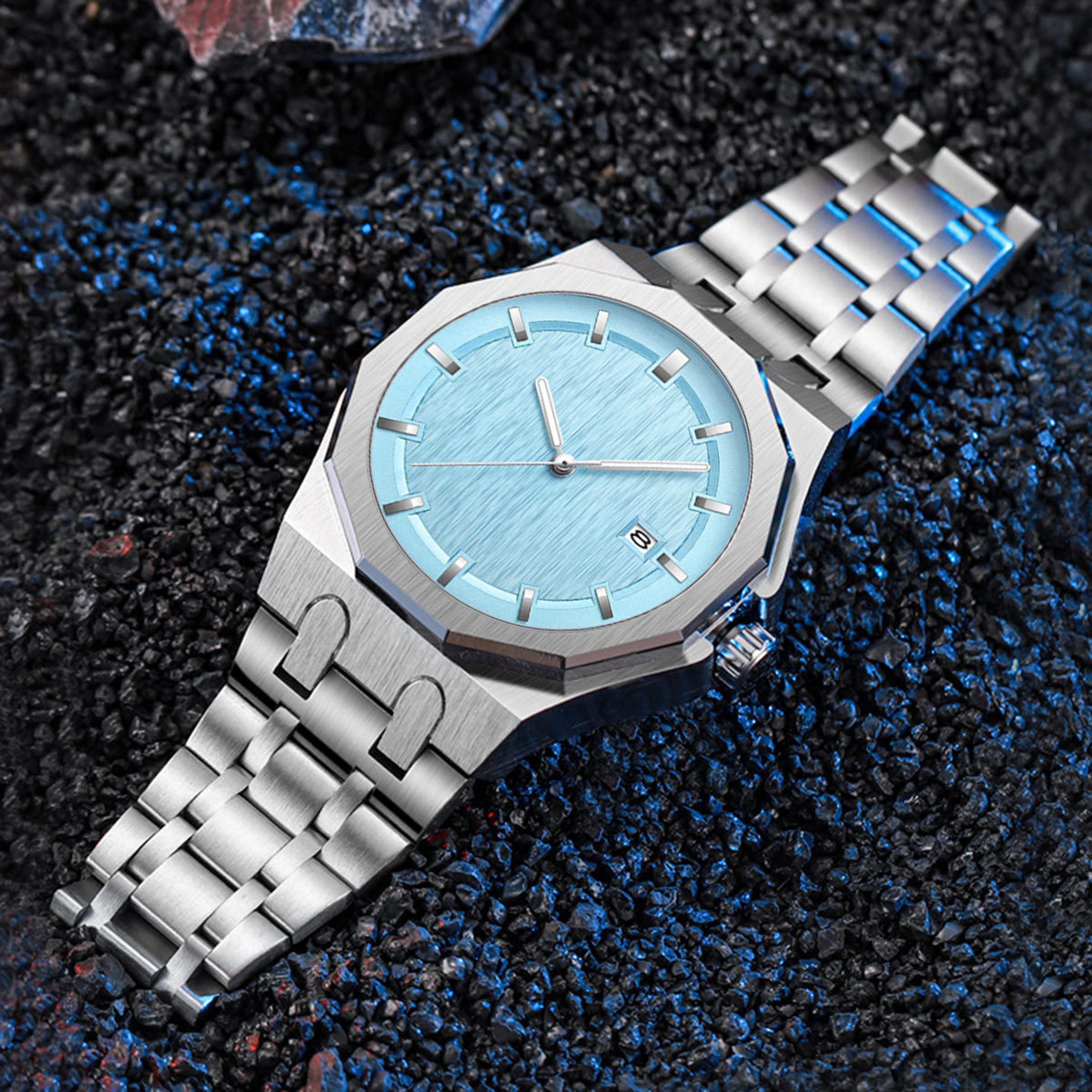 Polygonal Mens Quartz Watch Stainless Steel Luminous Business Wristwatch 2