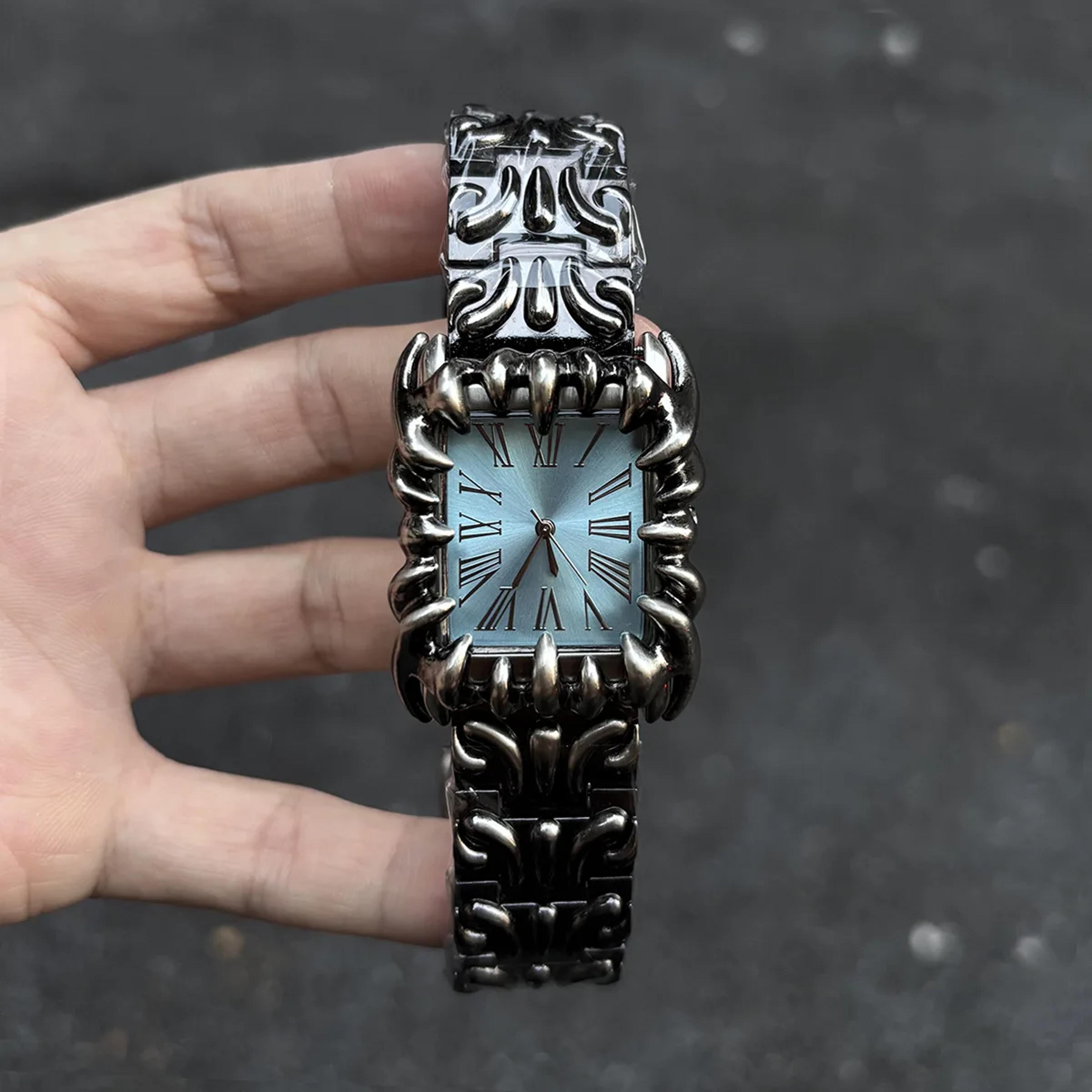 Demon Claw Square Quartz Watch For Men Retro Silver Black Statement Wristwatch 9