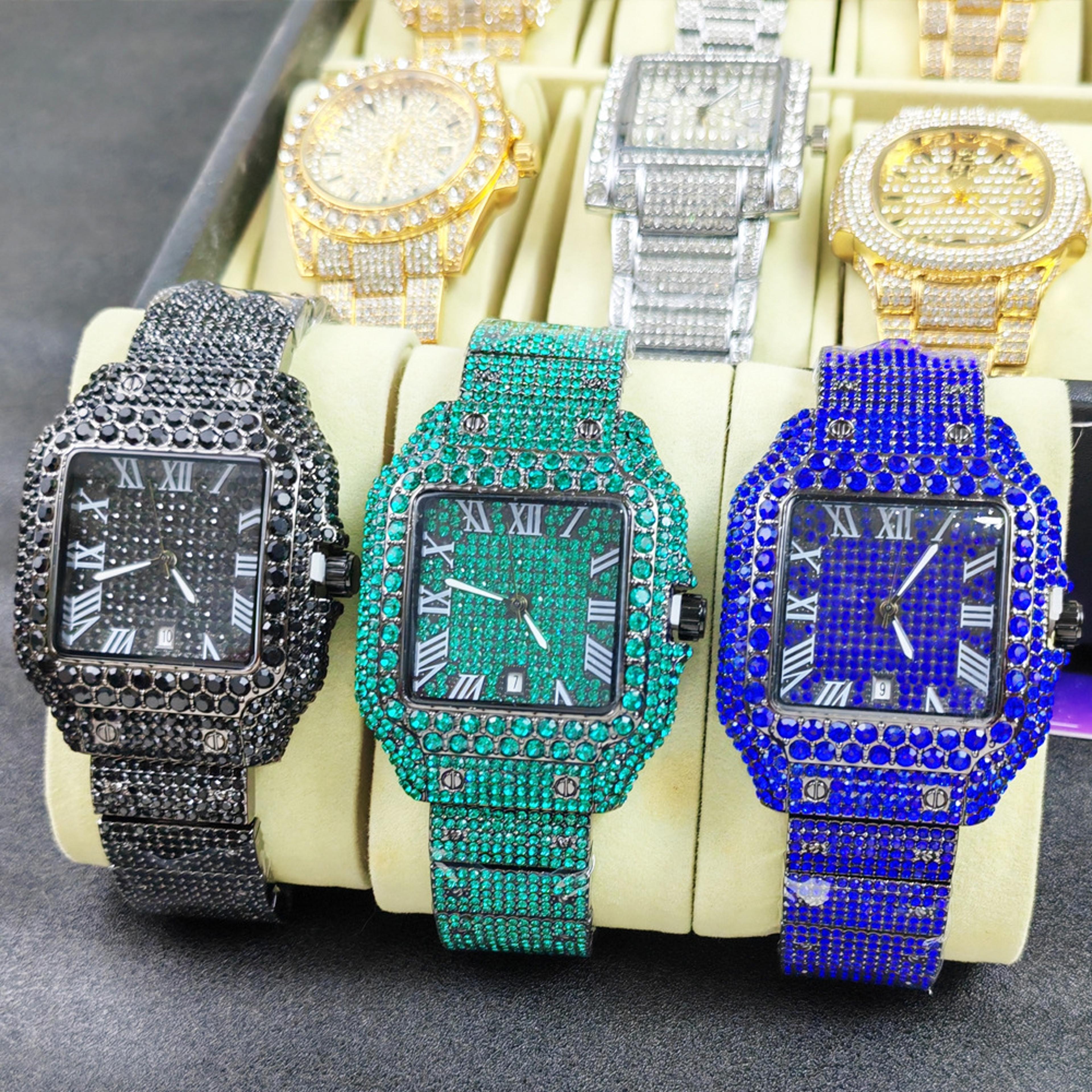 Iced Out Rectangle Quartz Watch For Men With Stainless Steel Band 0
