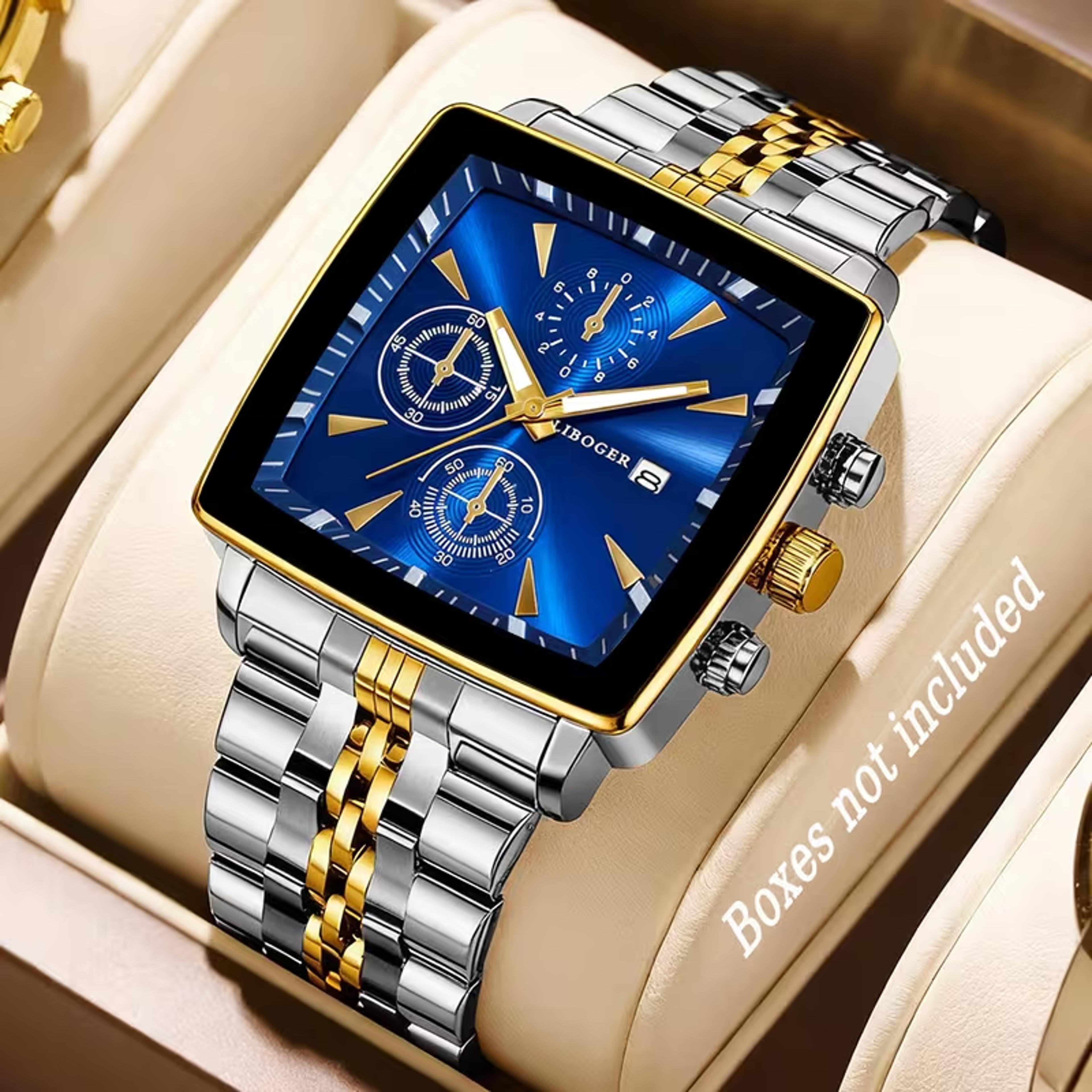 Men Square Dial Stainless Steel Quartz Watch With Calendar 3