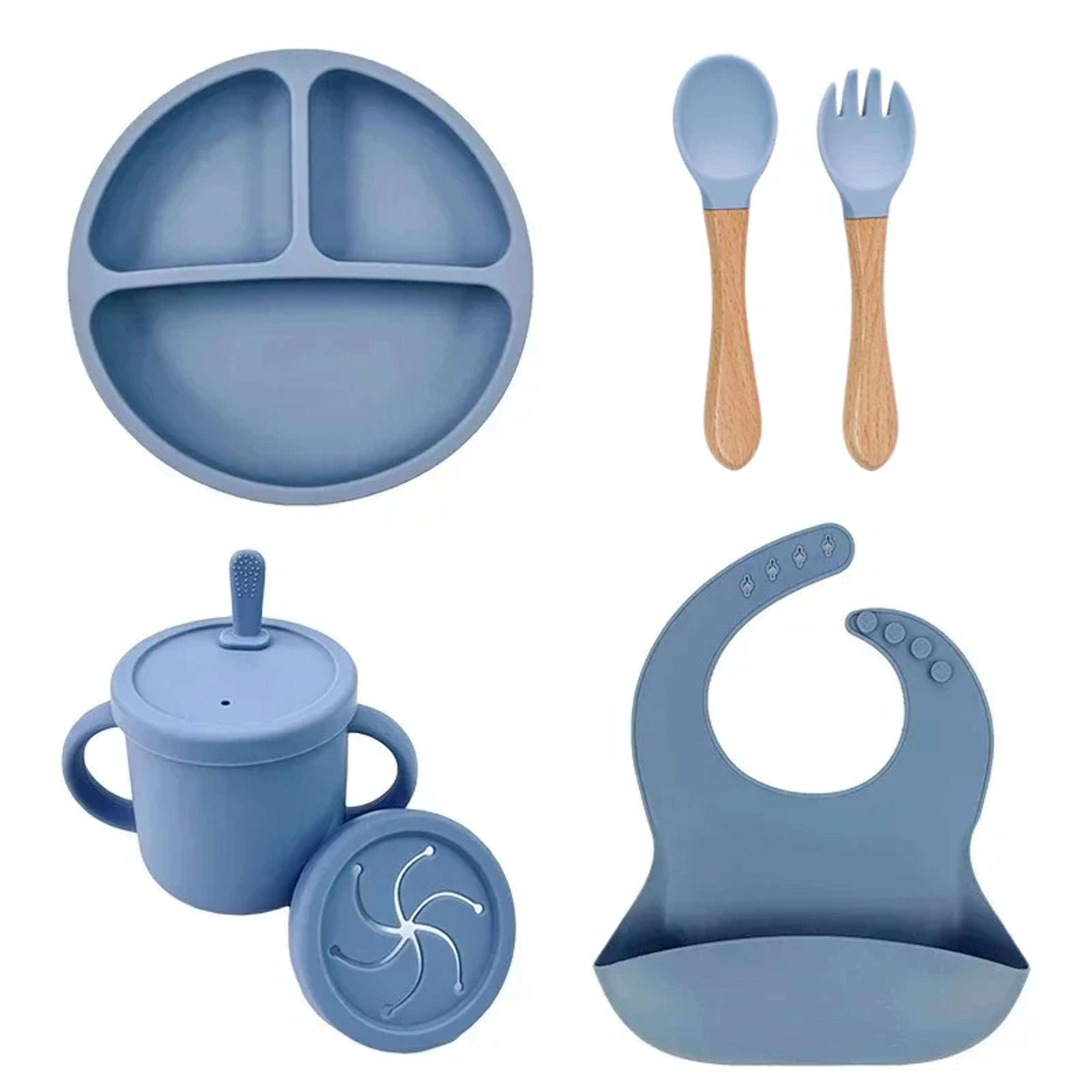Silicone Baby Feeding Set With Suction Plate Straw Cup And Wooden Utensils 6