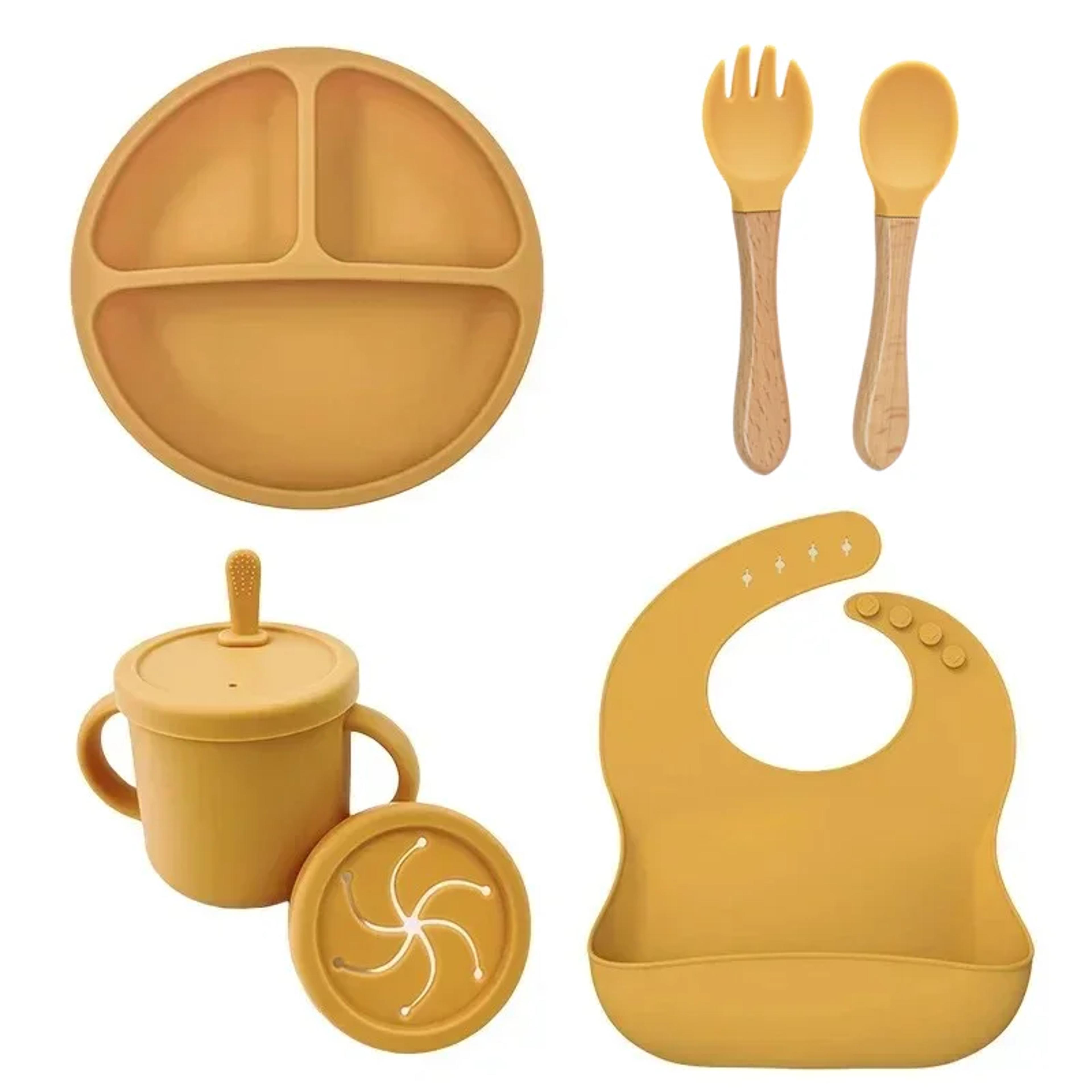 Silicone Baby Feeding Set With Suction Plate Straw Cup And Wooden Utensils 7