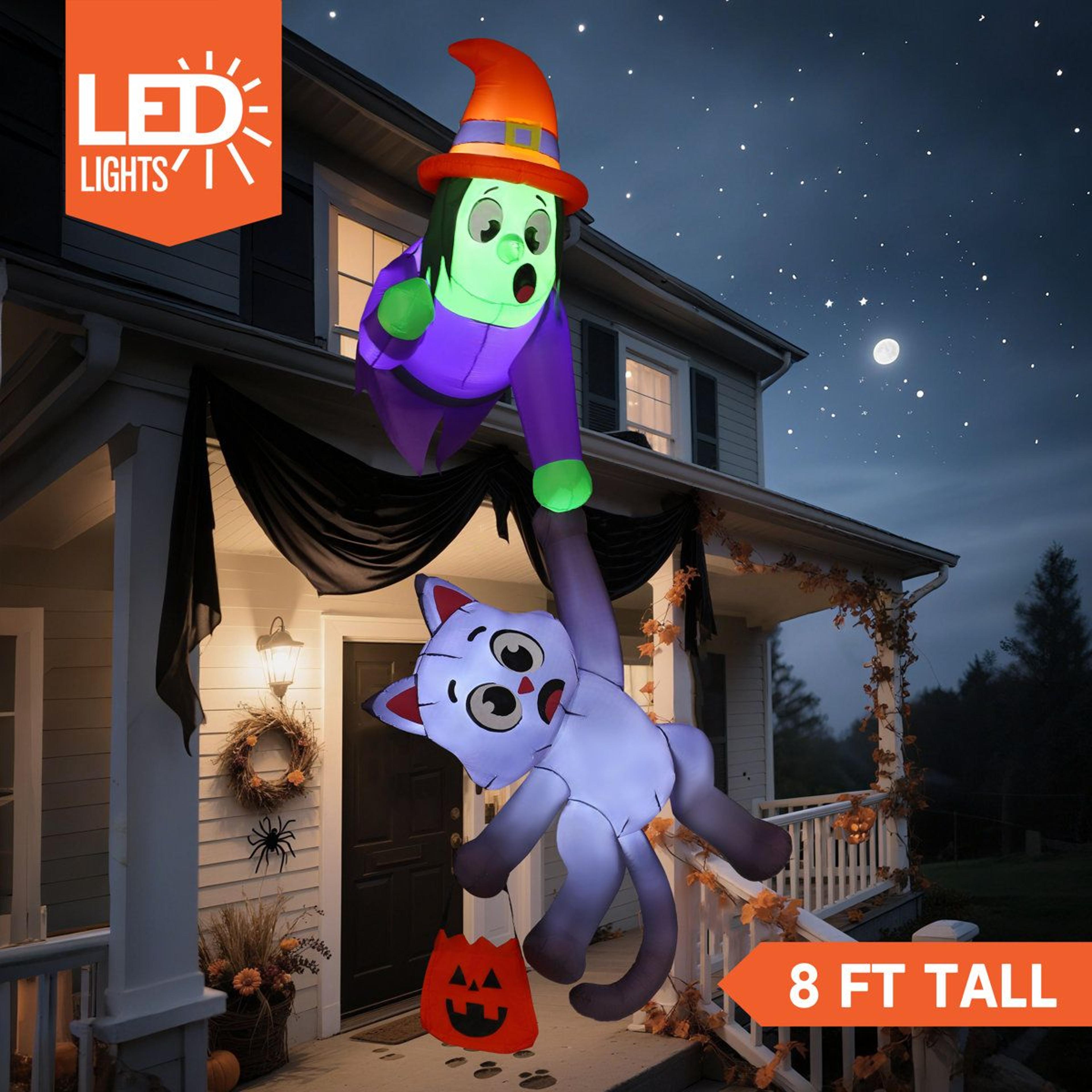 Halloween Inflatable Witch And Black Cat With LED Lights For Outdoor Decoration 0