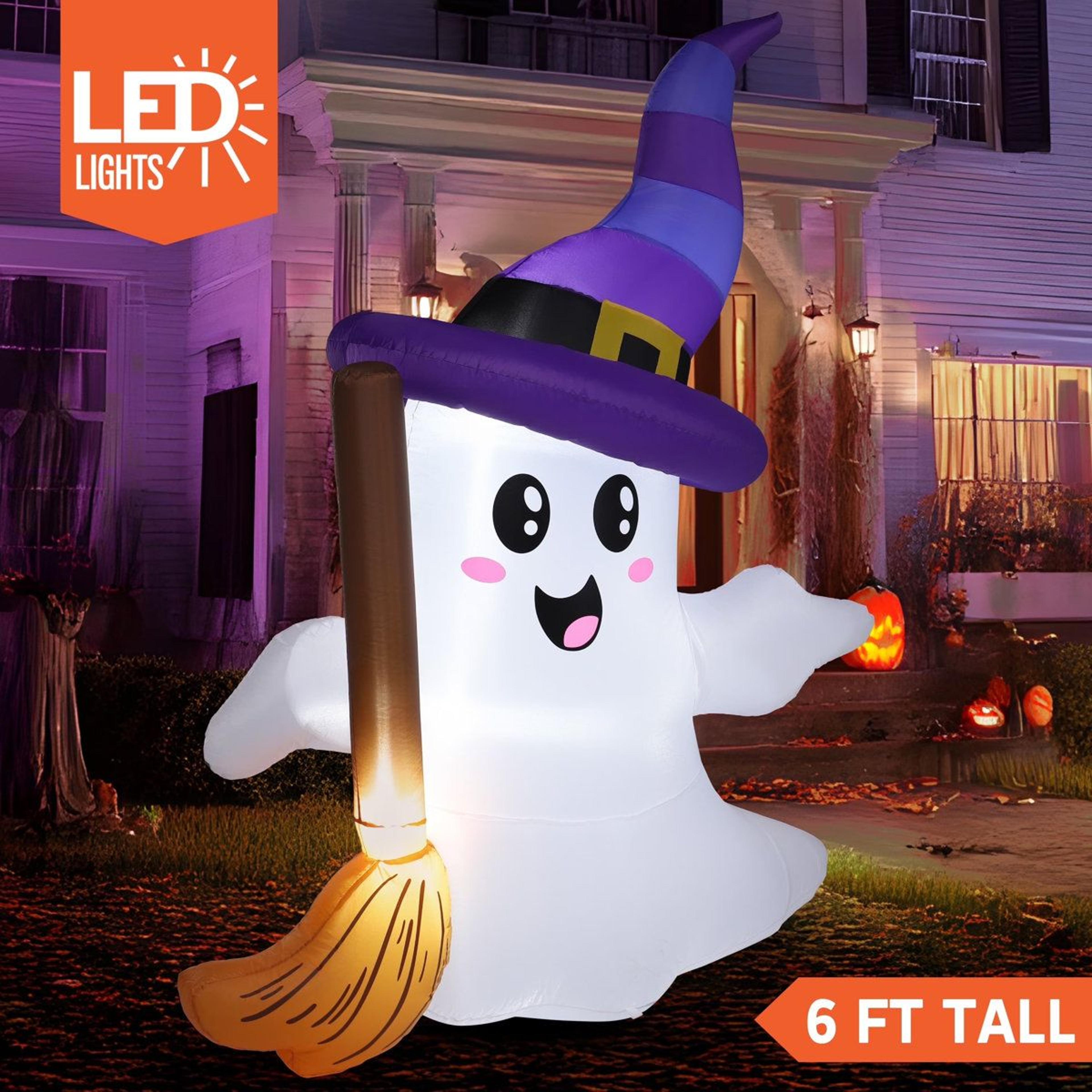 Halloween Inflatable Ghost With Broom And LED Lights For Outdoor Yard Decor 2