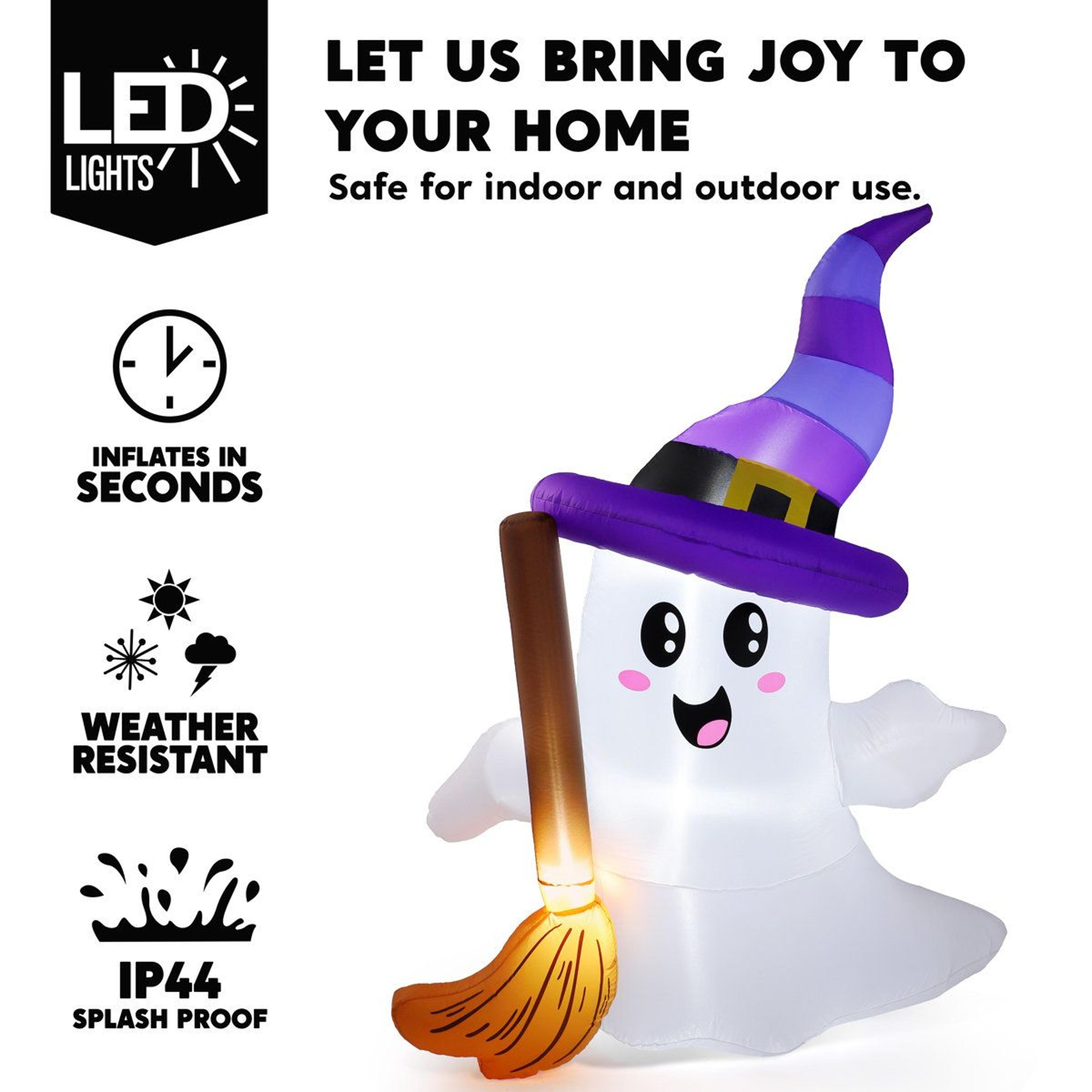 Halloween Inflatable Ghost With Broom And LED Lights For Outdoor Yard Decor 3