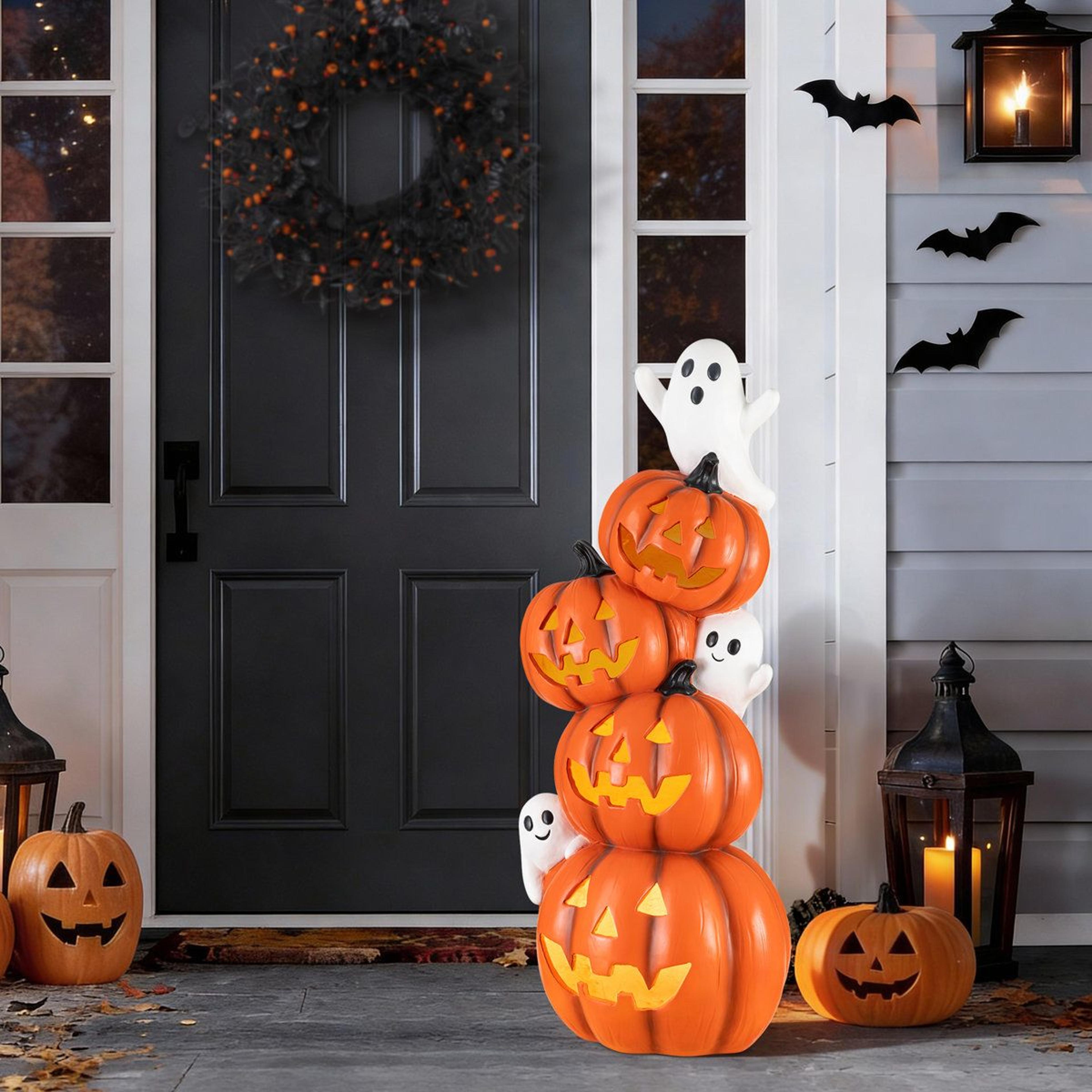 Halloween Lighted Stacked Jack O Lantern And Ghost Porch Decoration With Timer 3