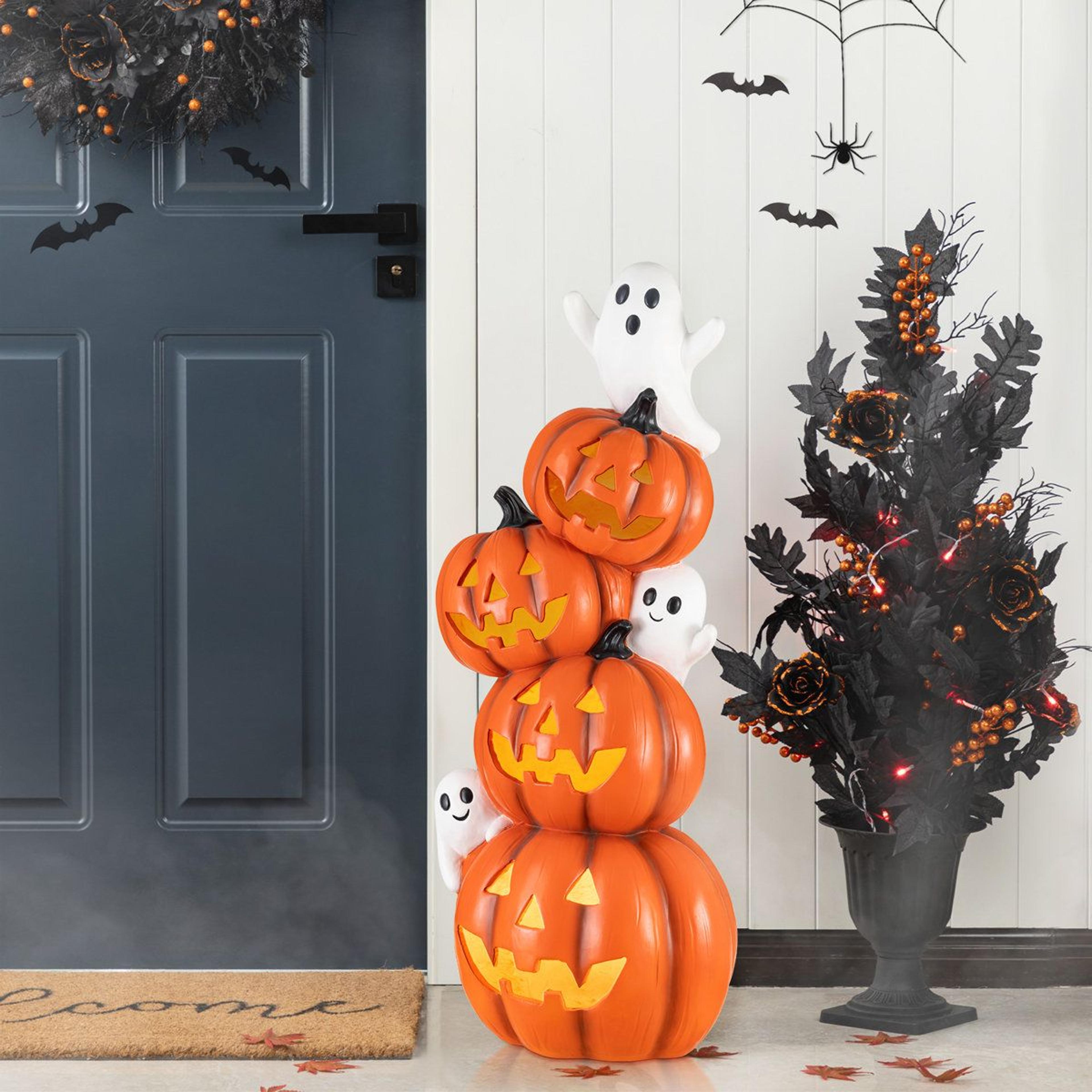 Halloween Lighted Stacked Jack O Lantern And Ghost Porch Decoration With Timer 1