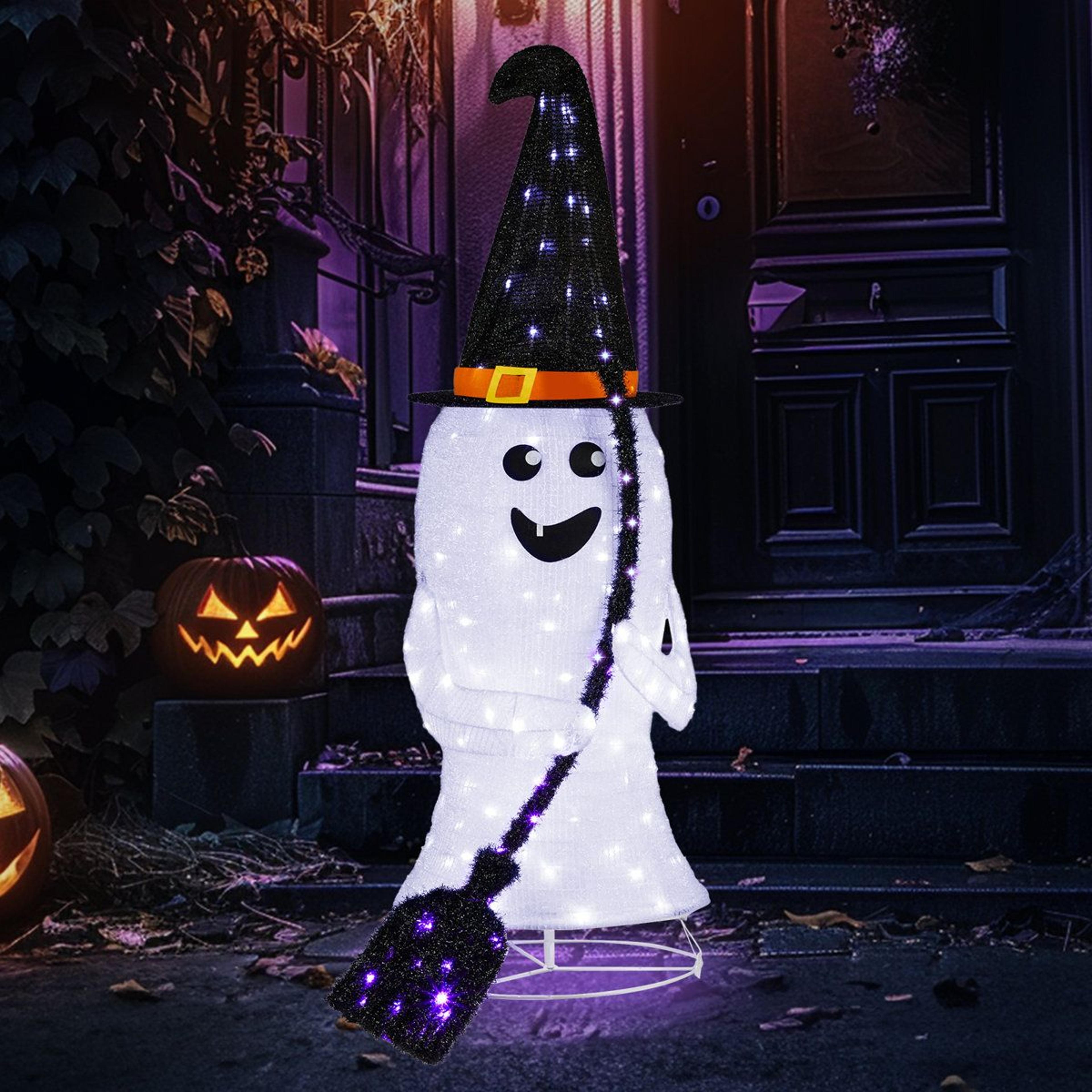 Lighted Halloween Ghost Decoration With Witch Hat And Broom For Indoor Outdoor Display 0