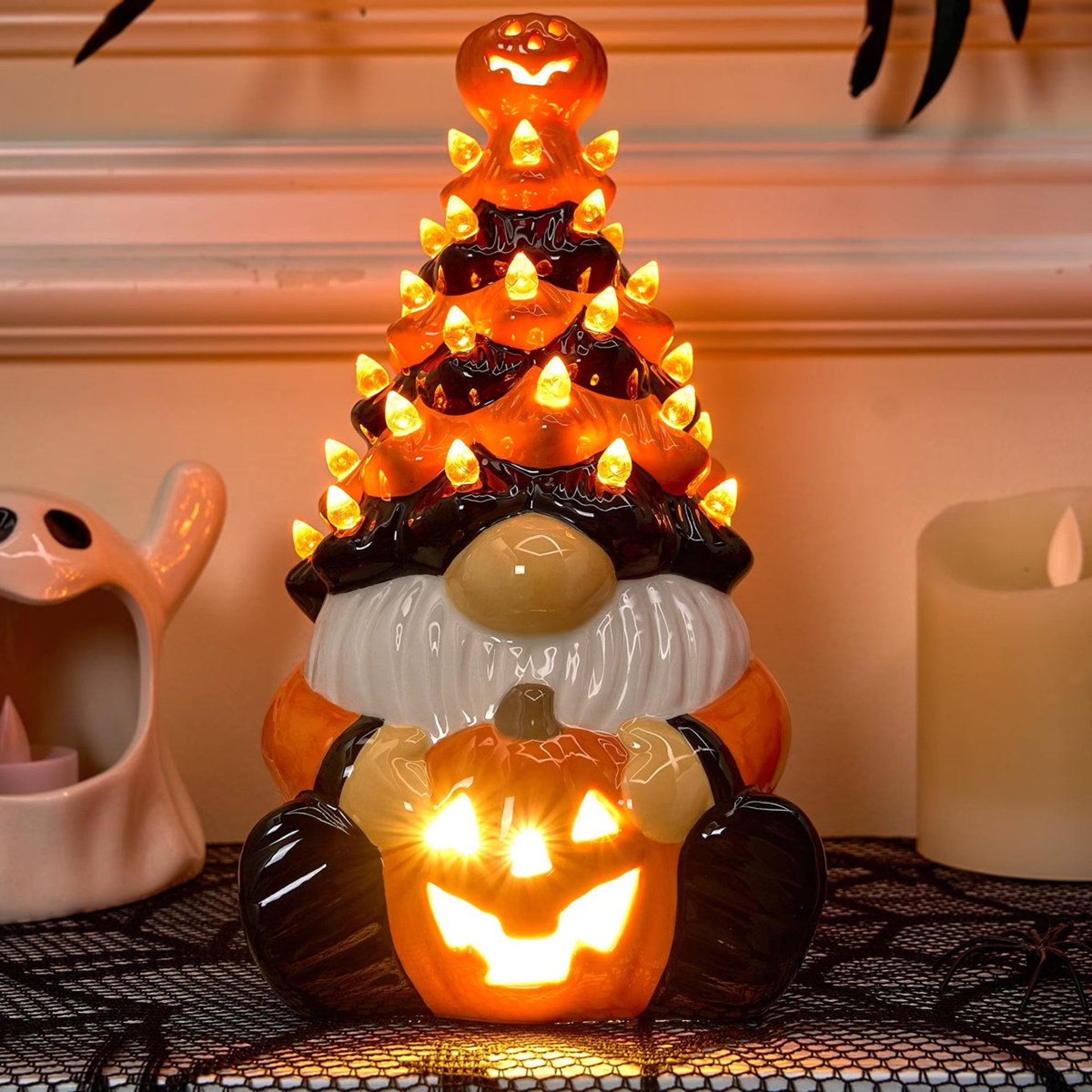 Halloween Pumpkin Gnome Ceramic Tree Orange Tabletop Decoration 3
