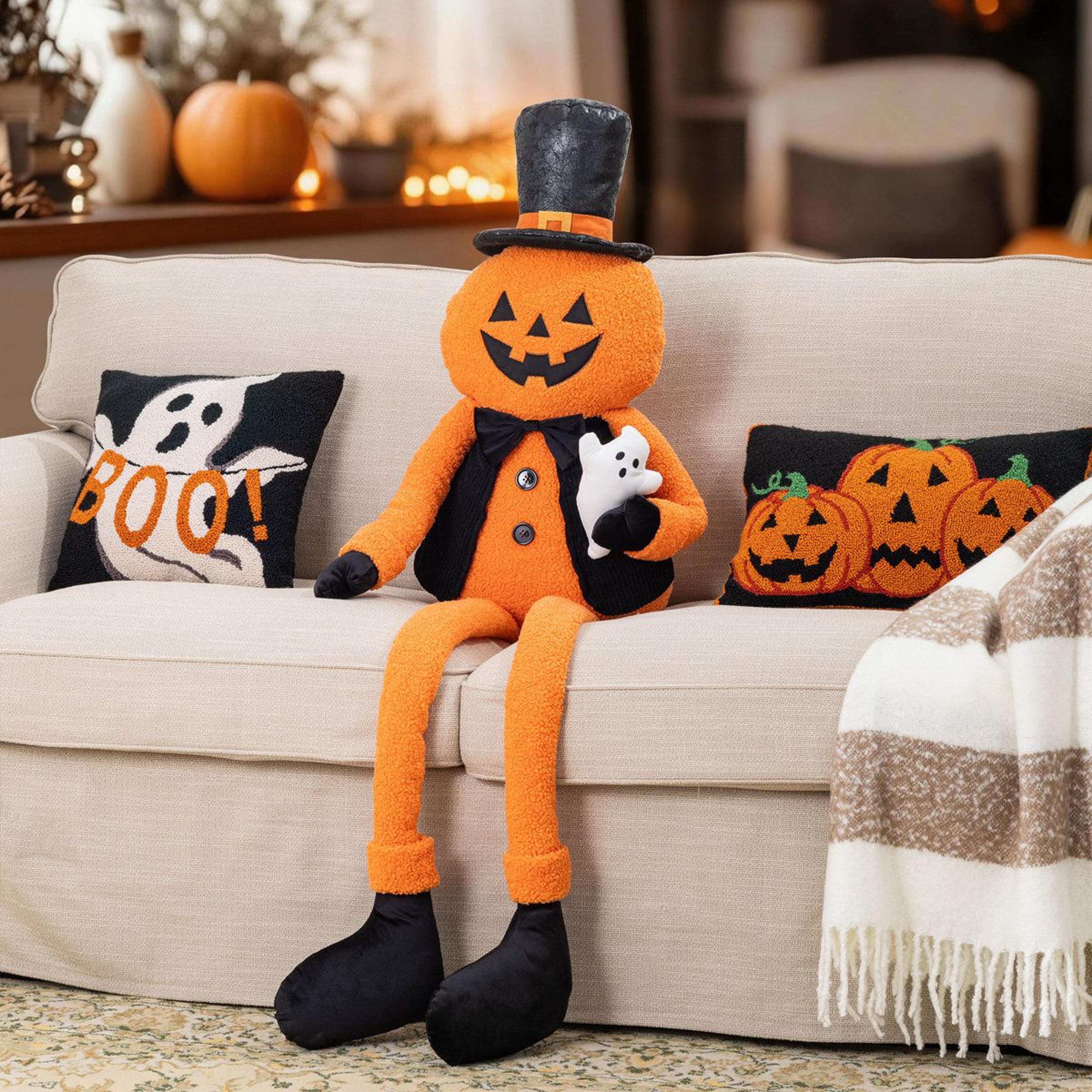 Oversized Halloween Jack O Lantern Figure With Dangling Legs And Top Hat 5