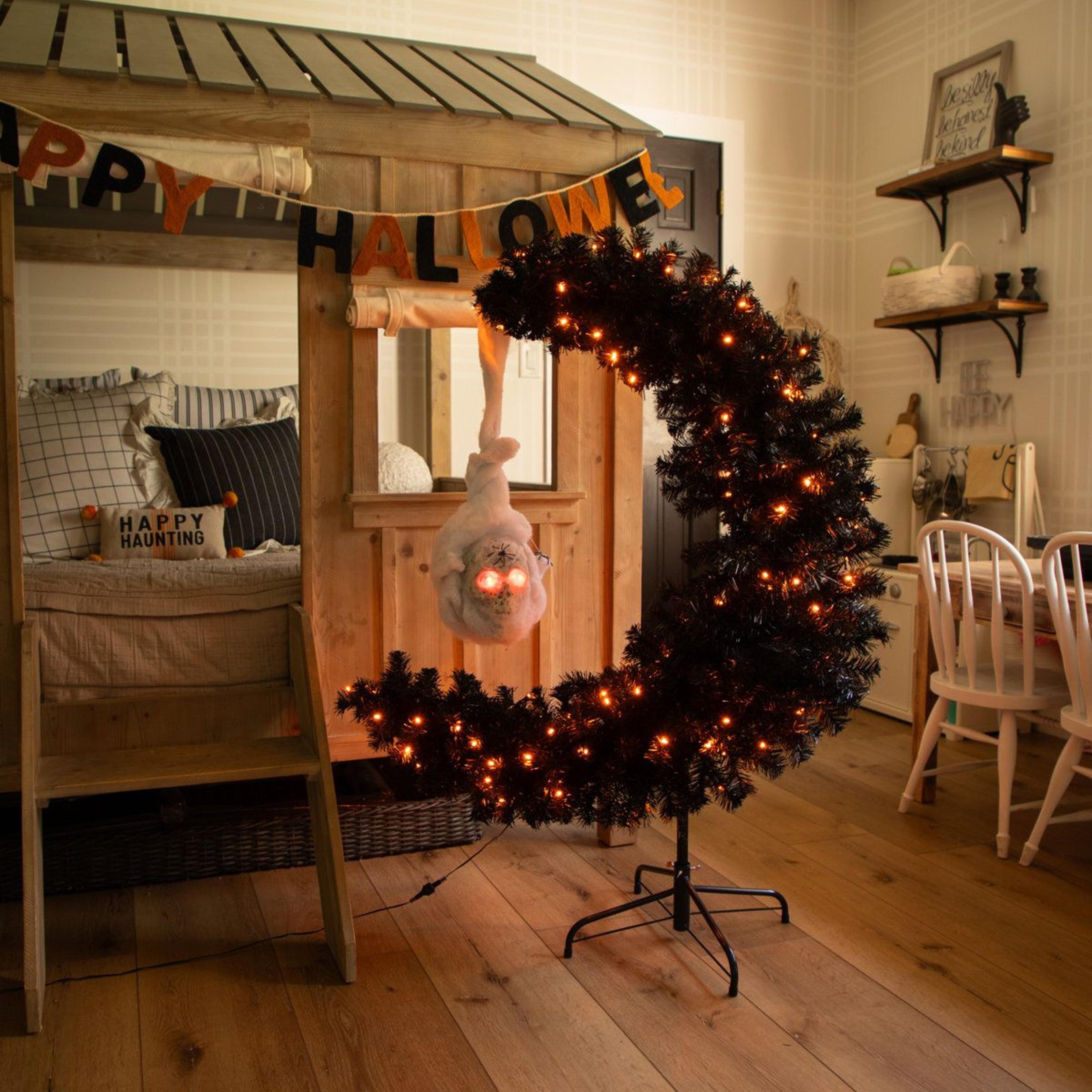 Pre Lit Black Halloween Moon And Skull Tree With Orange And Purple LED Lights 4