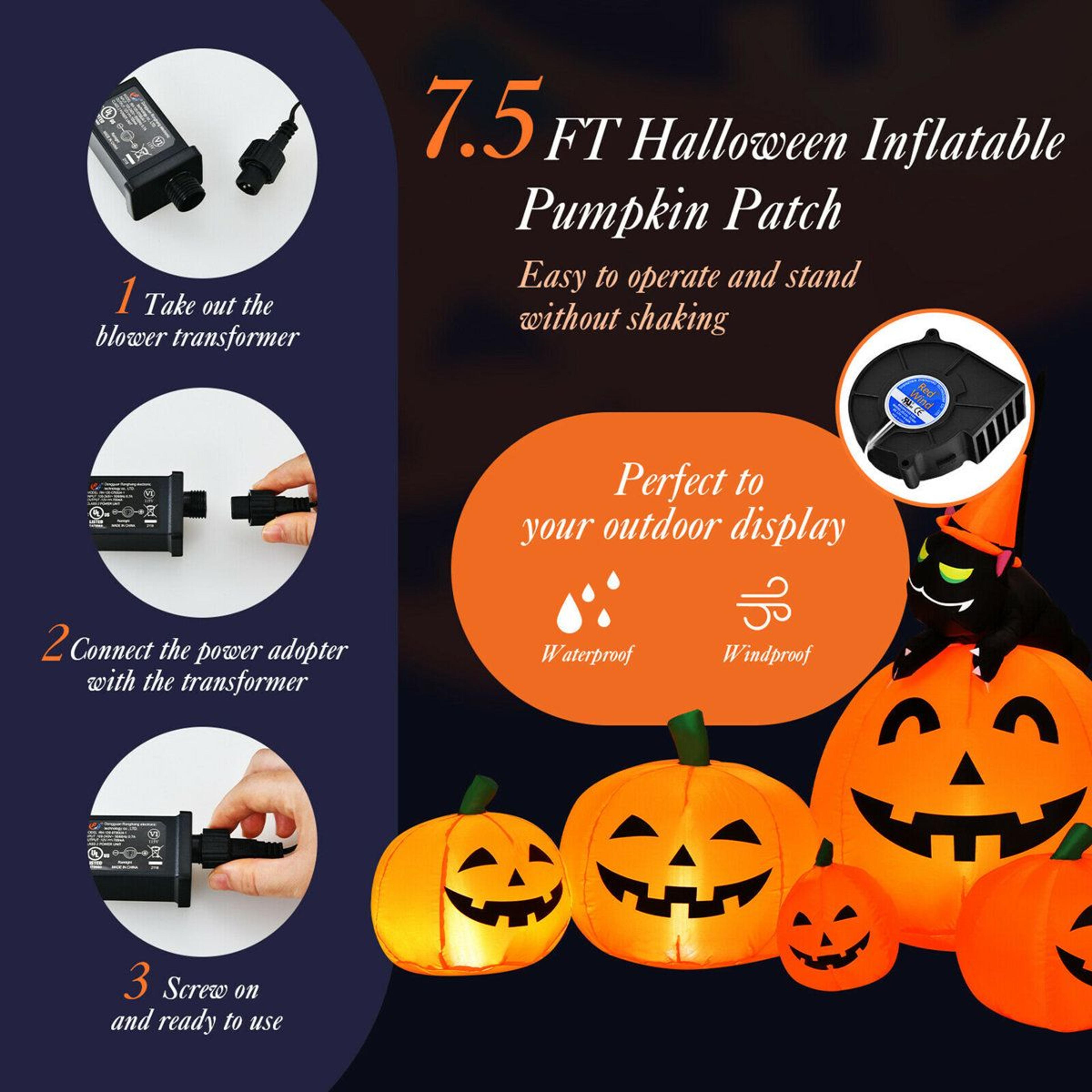 Halloween Inflatable Pumpkin With Witch Black Cat And LED Lights 1