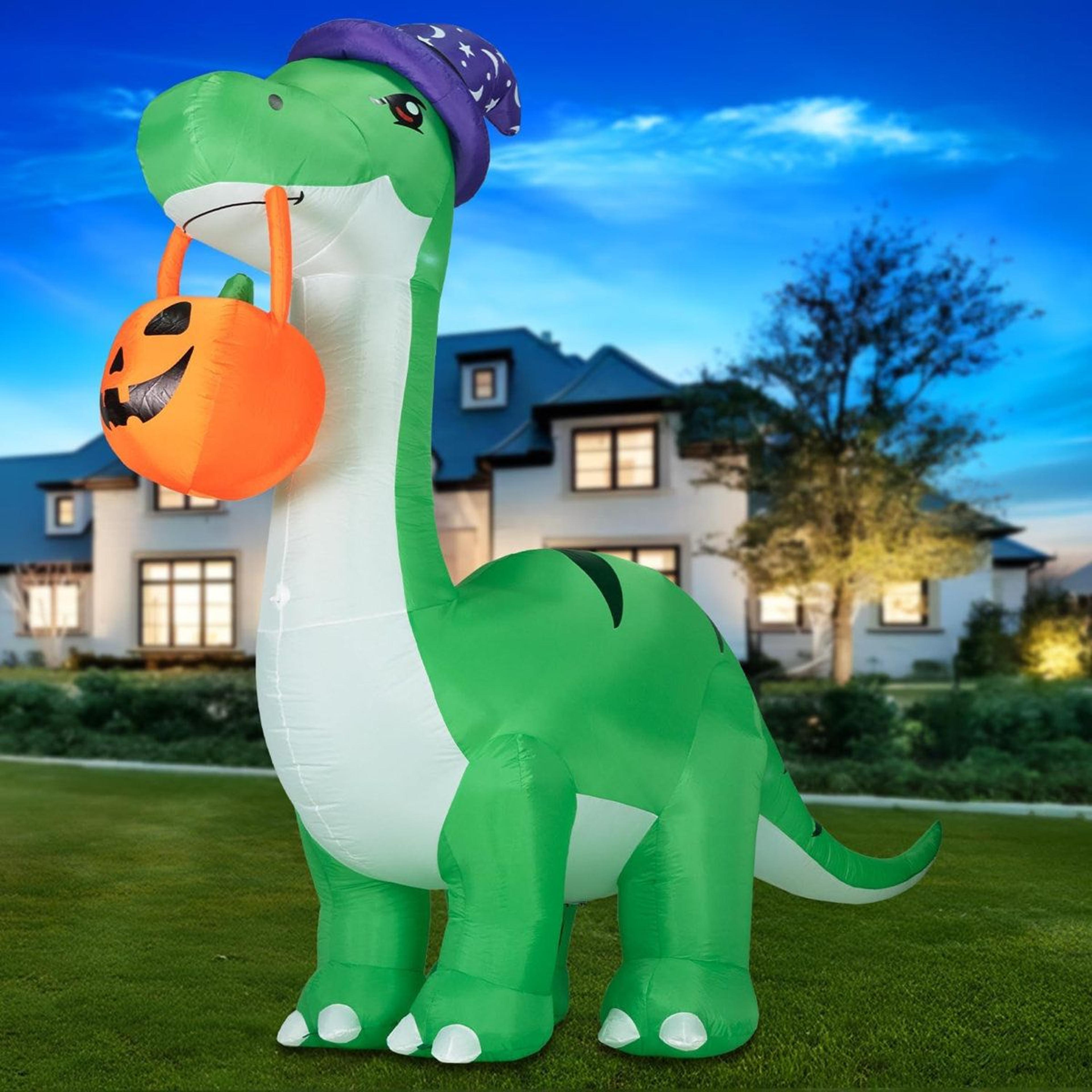 Halloween Inflatable Dinosaur With LED Lights Witch Hat And Pumpkin 0
