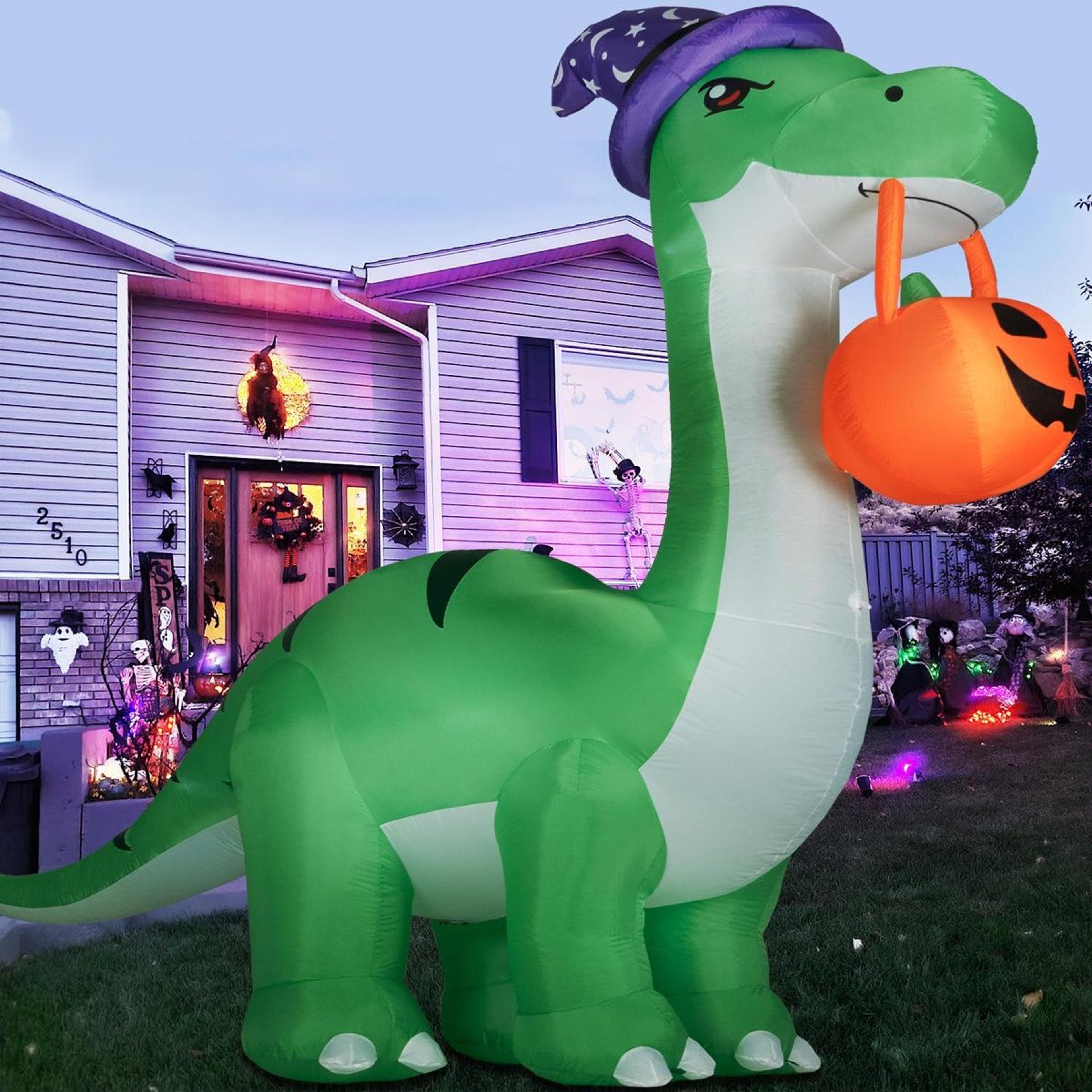Halloween Inflatable Dinosaur With LED Lights Witch Hat And Pumpkin 4
